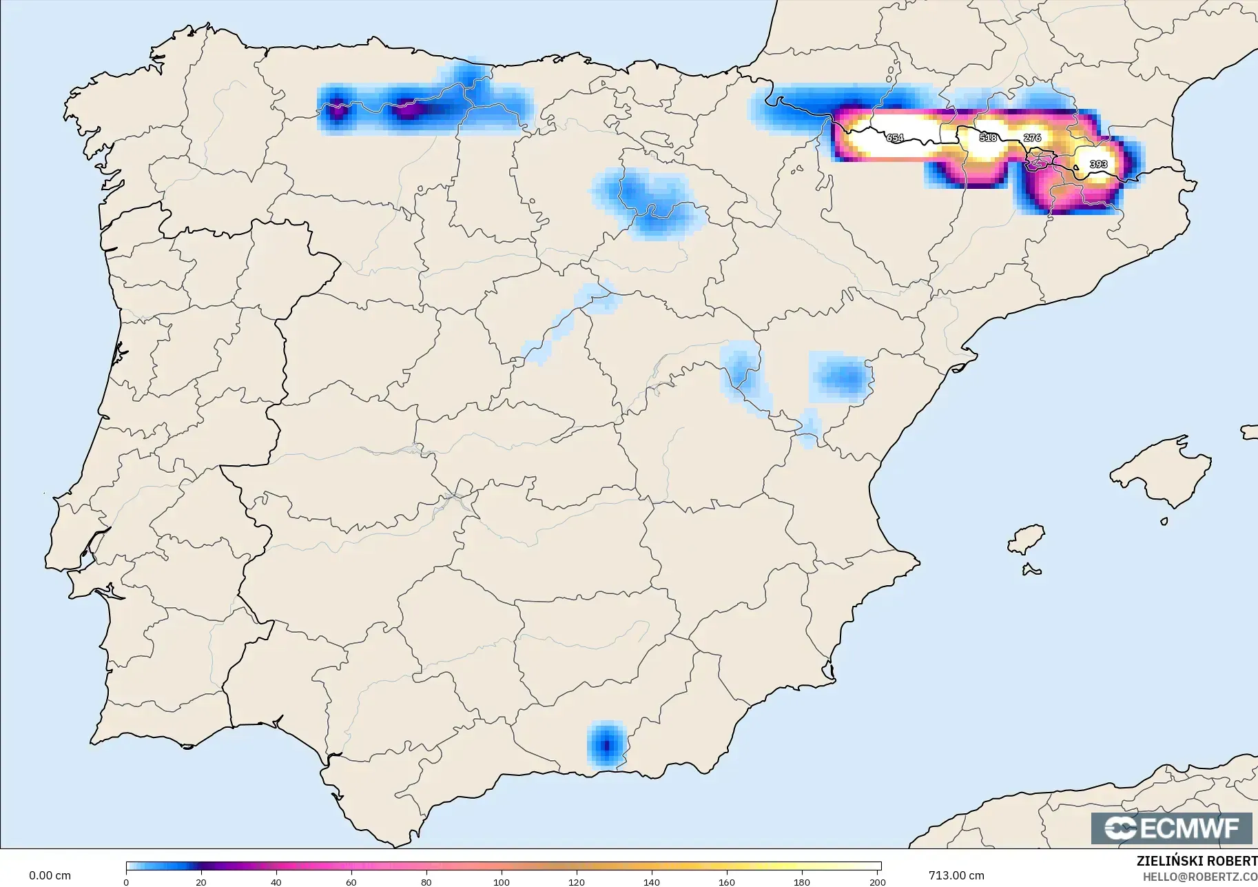 ECMWF IFS 0,25° modelo - Espanha, Profundidade da neve