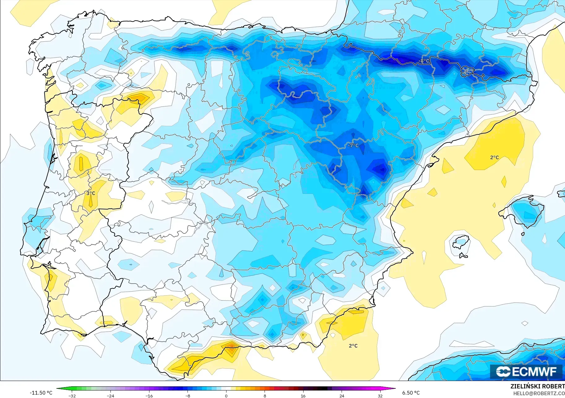ECMWF IFS 0,25° modelo - Espanha, Anomalia de temperatura a 2 m