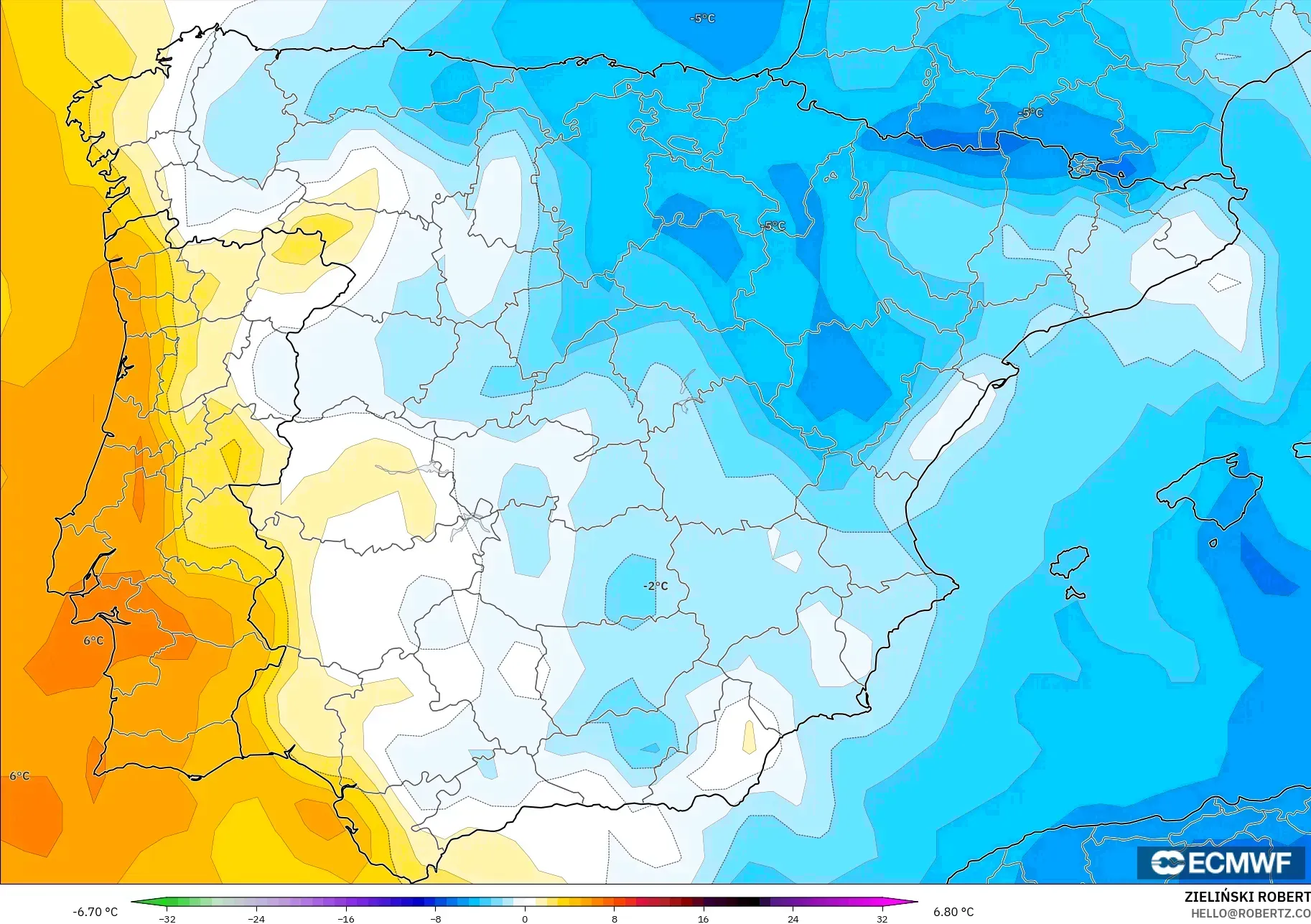 ECMWF IFS 0,25° modelo - Espanha, Anomalia de temperatura a 850 hPa