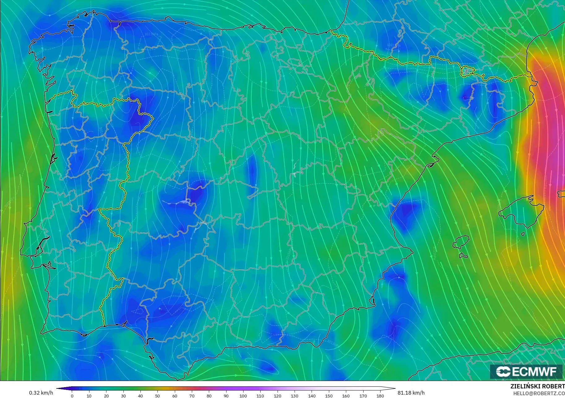 ECMWF IFS 0,25° modelo - Espanha, Vento a 10 m