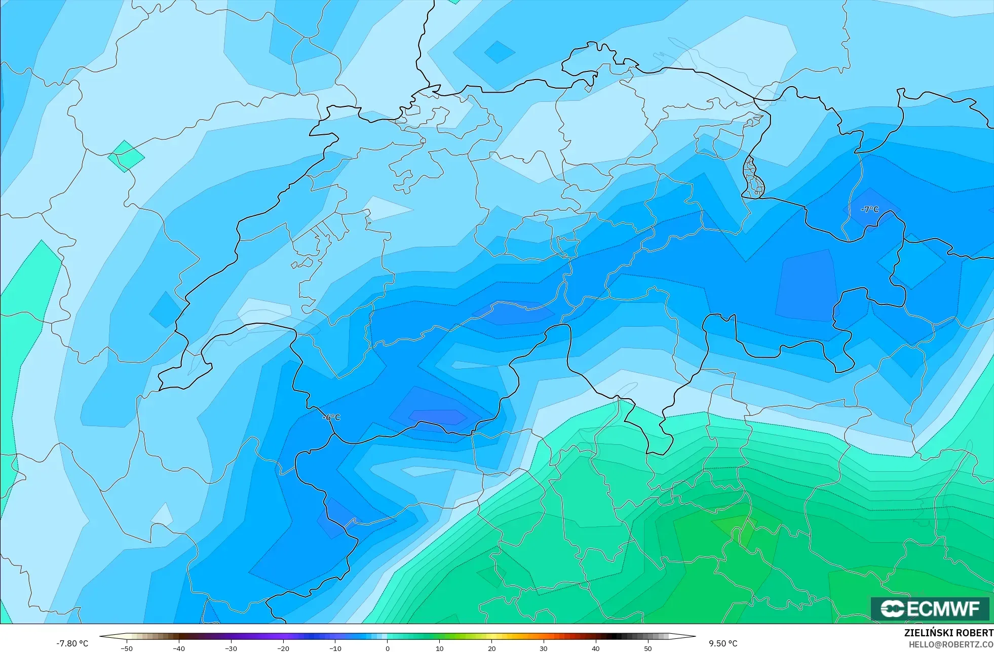 ECMWF IFS 0,25° modelo - Suíça, Ponto de orvalho a 2 m