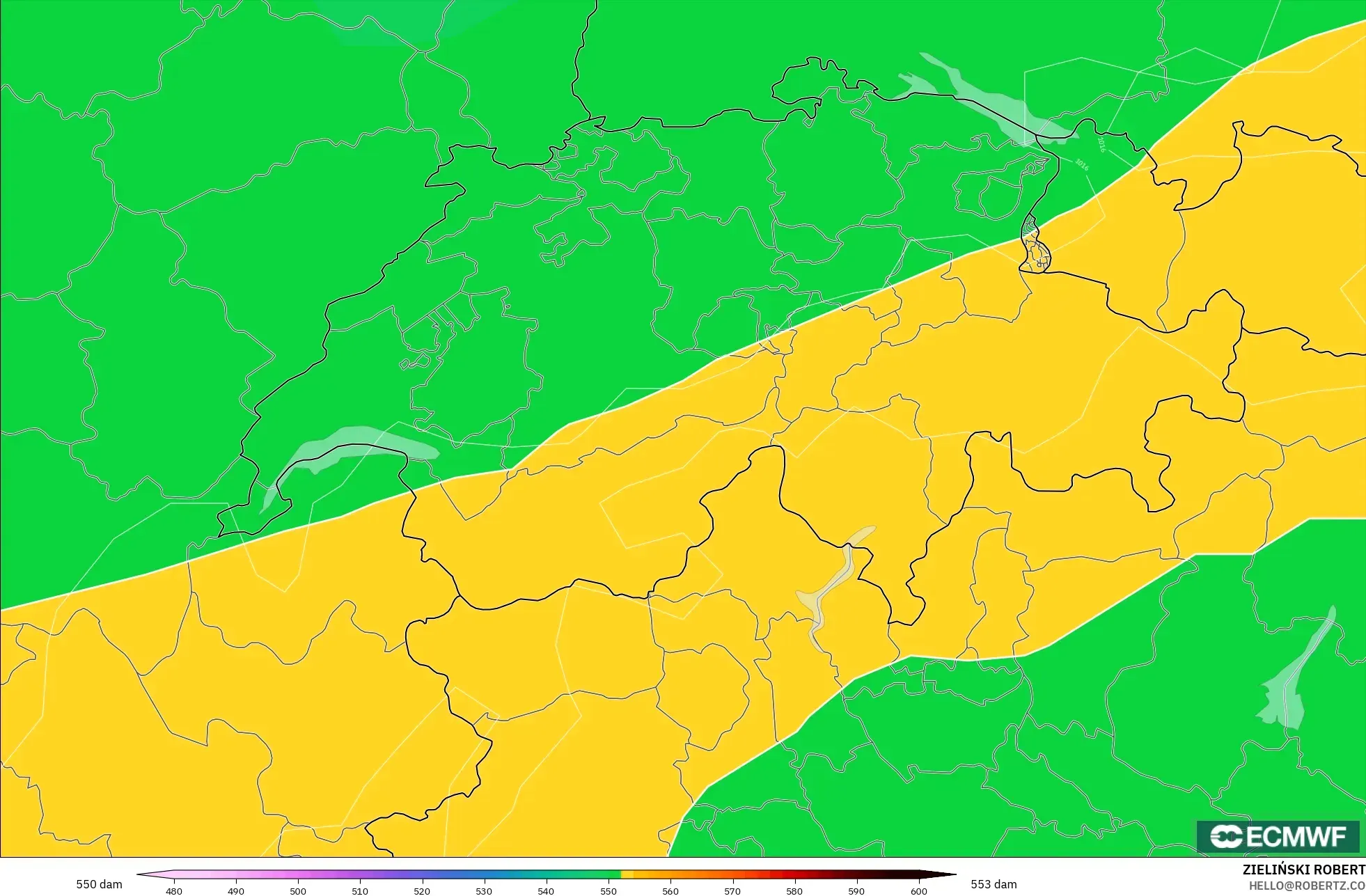 ECMWF IFS 0,25° modelo - Suíça, Altura geopotencial a 500 hPa