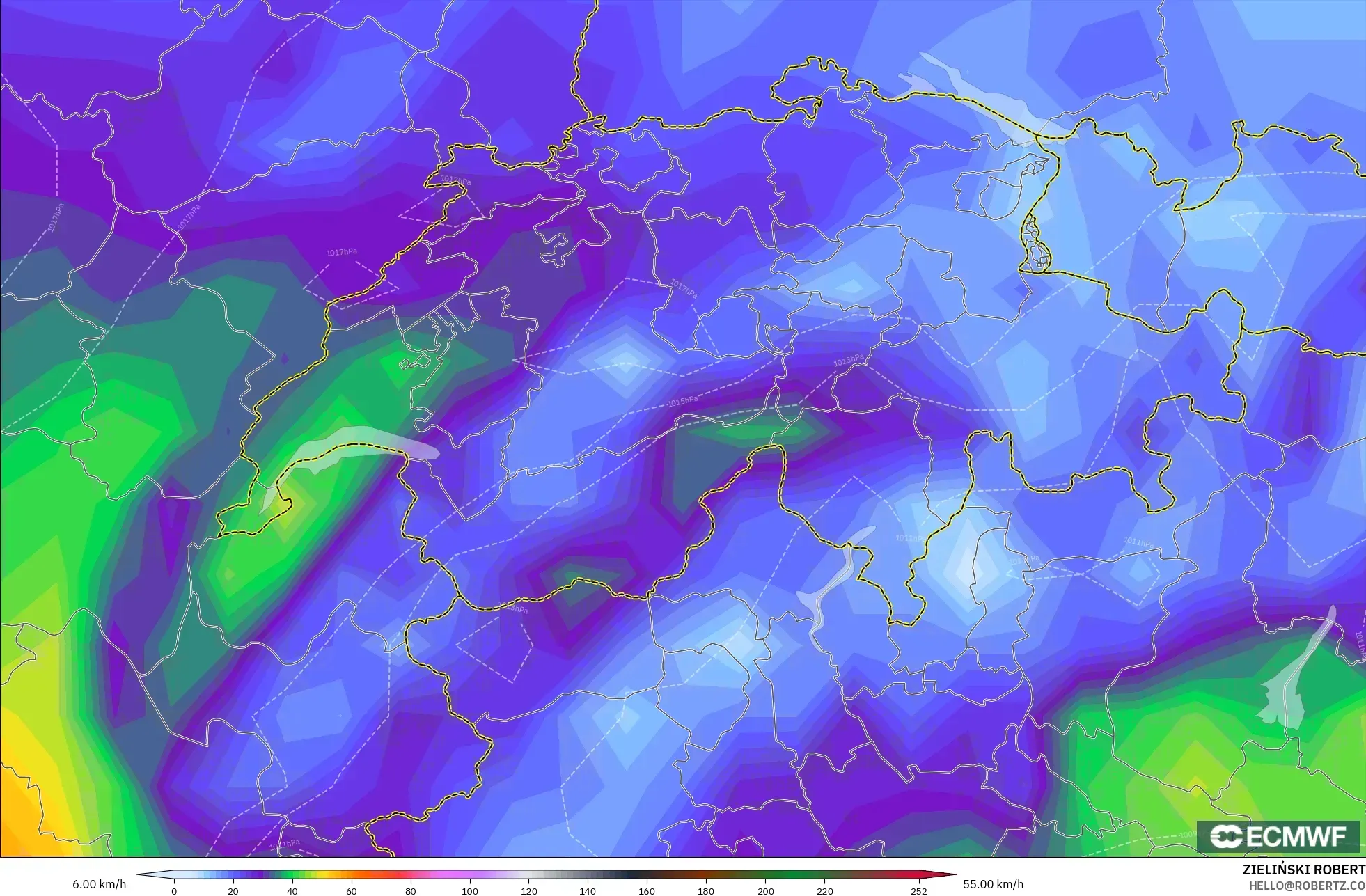 ECMWF IFS 0,25° modelo - Suíça, Rajadas de vento
