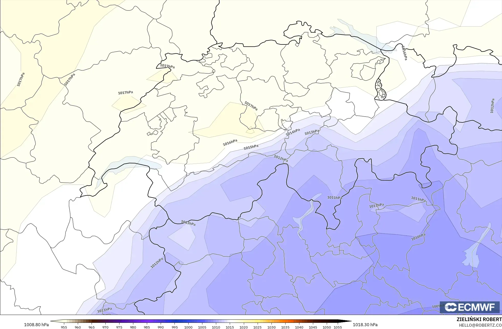ECMWF IFS 0,25° modelo - Suíça, Pressão