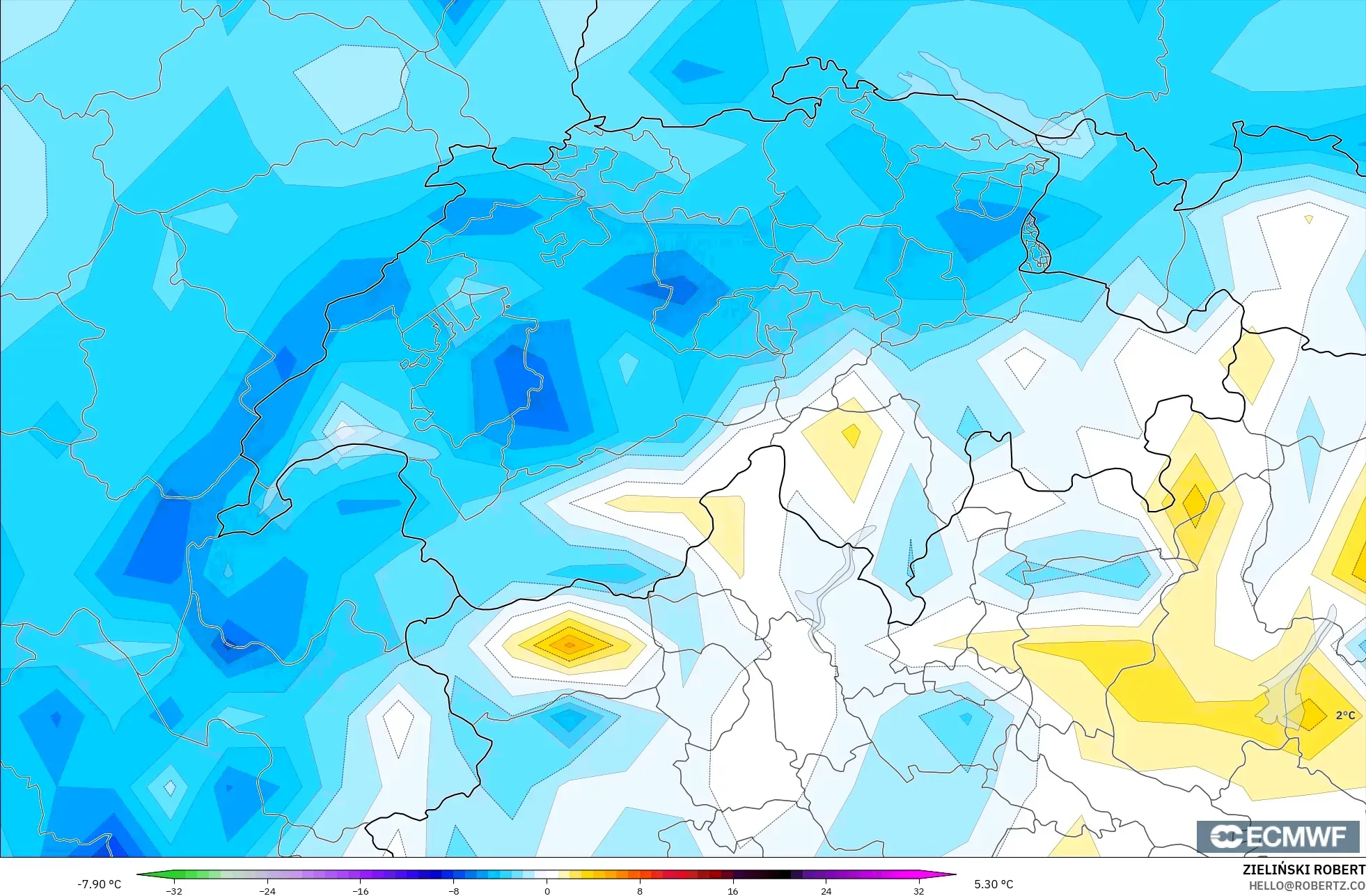 ECMWF IFS 0,25° modelo - Suíça, Anomalia de temperatura a 2 m