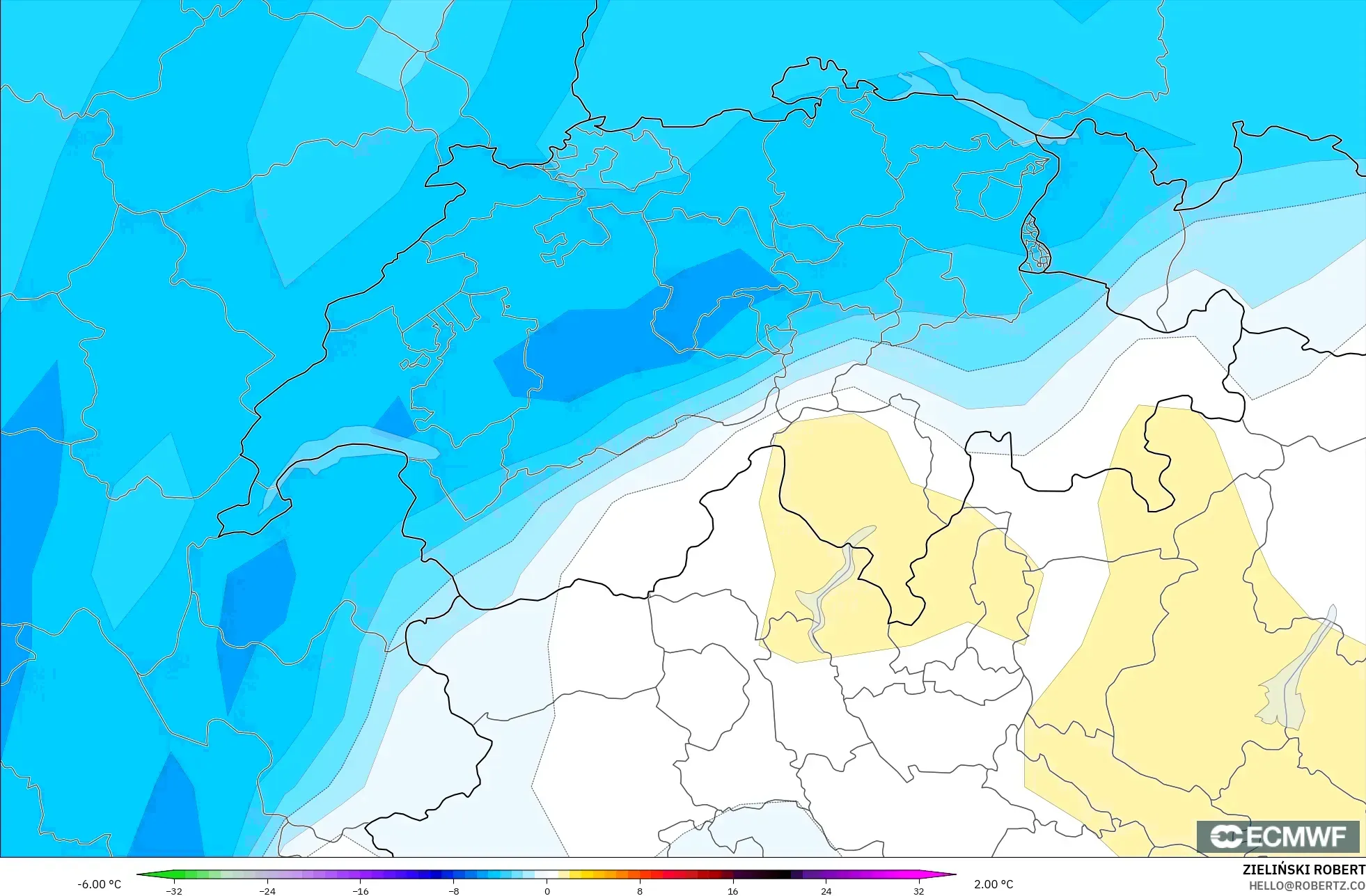 ECMWF IFS 0,25° modelo - Suíça, Anomalia de temperatura a 850 hPa