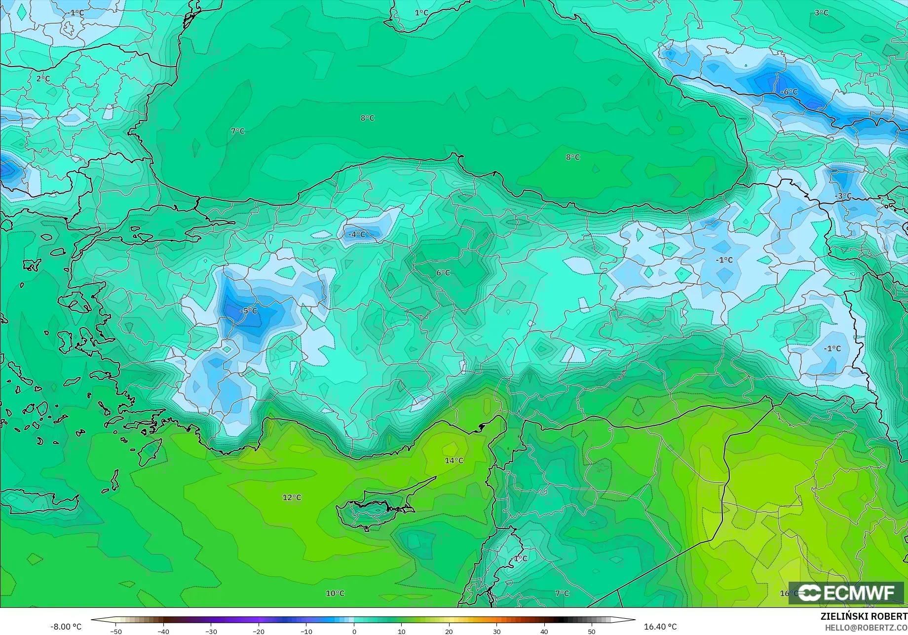 ECMWF IFS 0,25° modelo - Turquia, Ponto de orvalho a 2 m