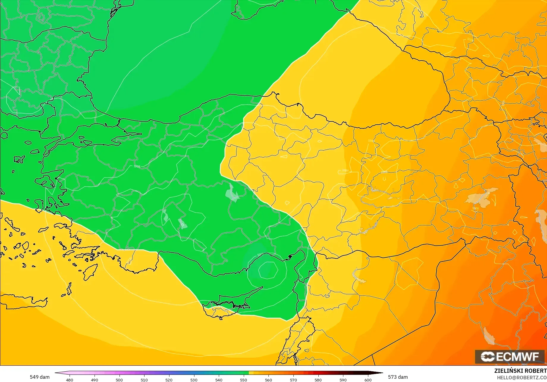 ECMWF IFS 0,25° modelo - Turquia, Altura geopotencial a 500 hPa
