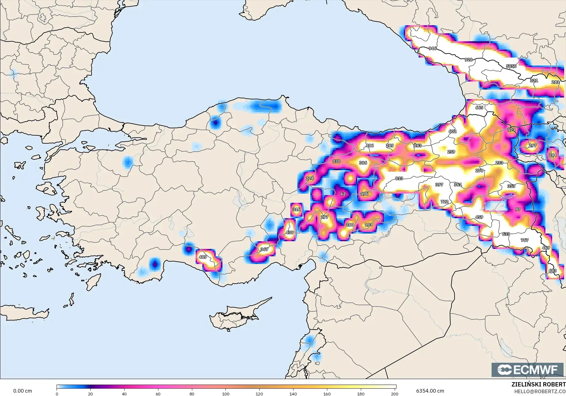 ECMWF IFS 0,25° modelo - Turquia, Profundidade da neve