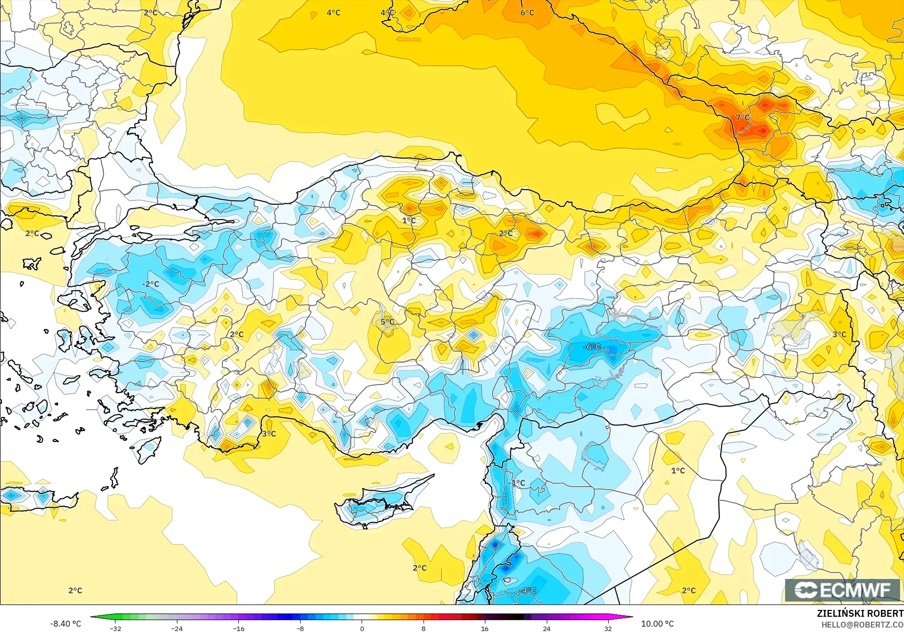 ECMWF IFS 0,25° modelo - Turquia, Anomalia de temperatura a 2 m