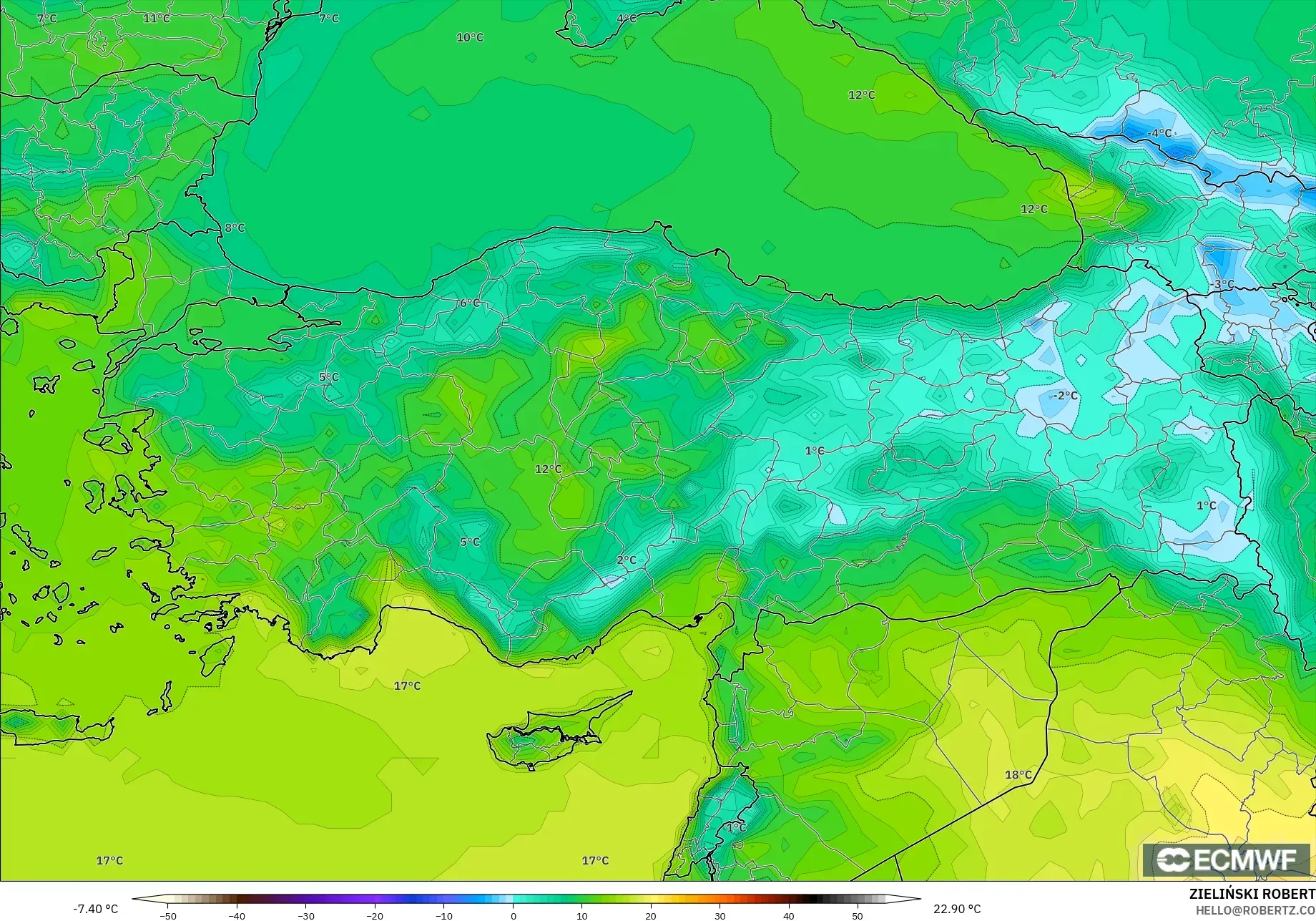 ECMWF IFS 0,25° modelo - Turquia, Temperatura a 2 m