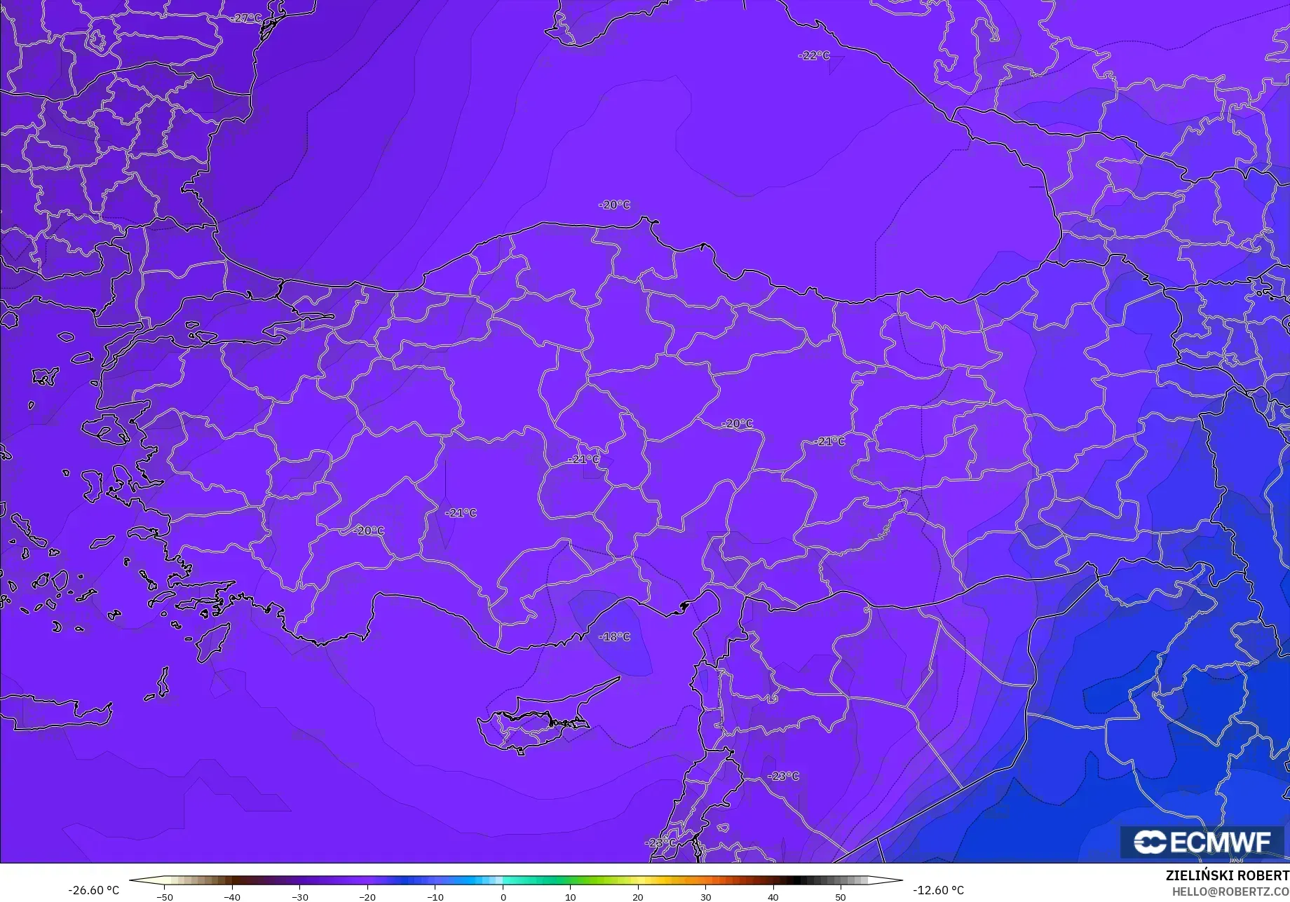 ECMWF IFS 0,25° modelo - Turquia, Temperatura a 500 hPa
