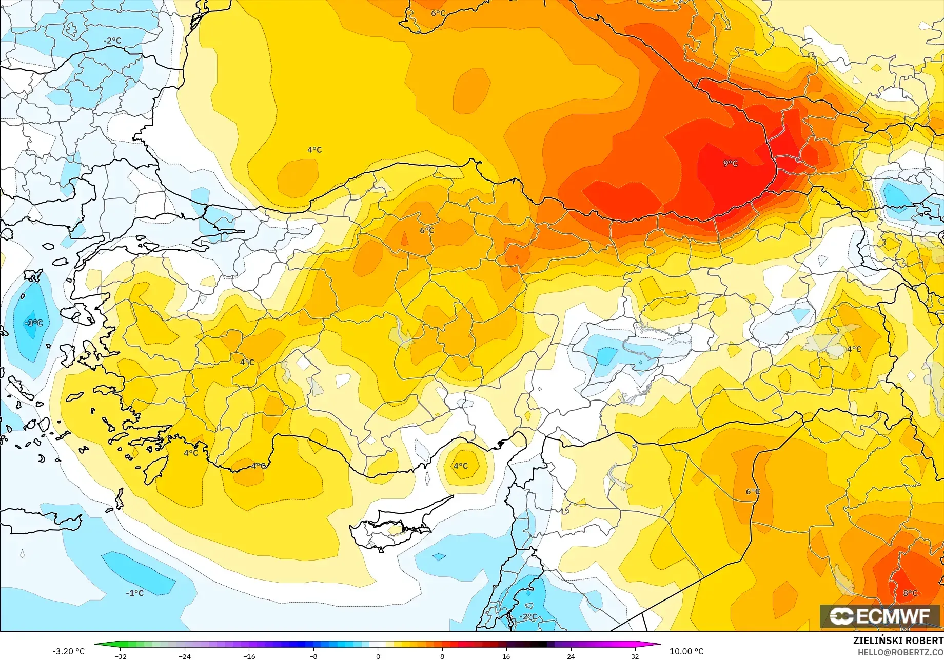 ECMWF IFS 0,25° modelo - Turquia, Anomalia de temperatura a 850 hPa