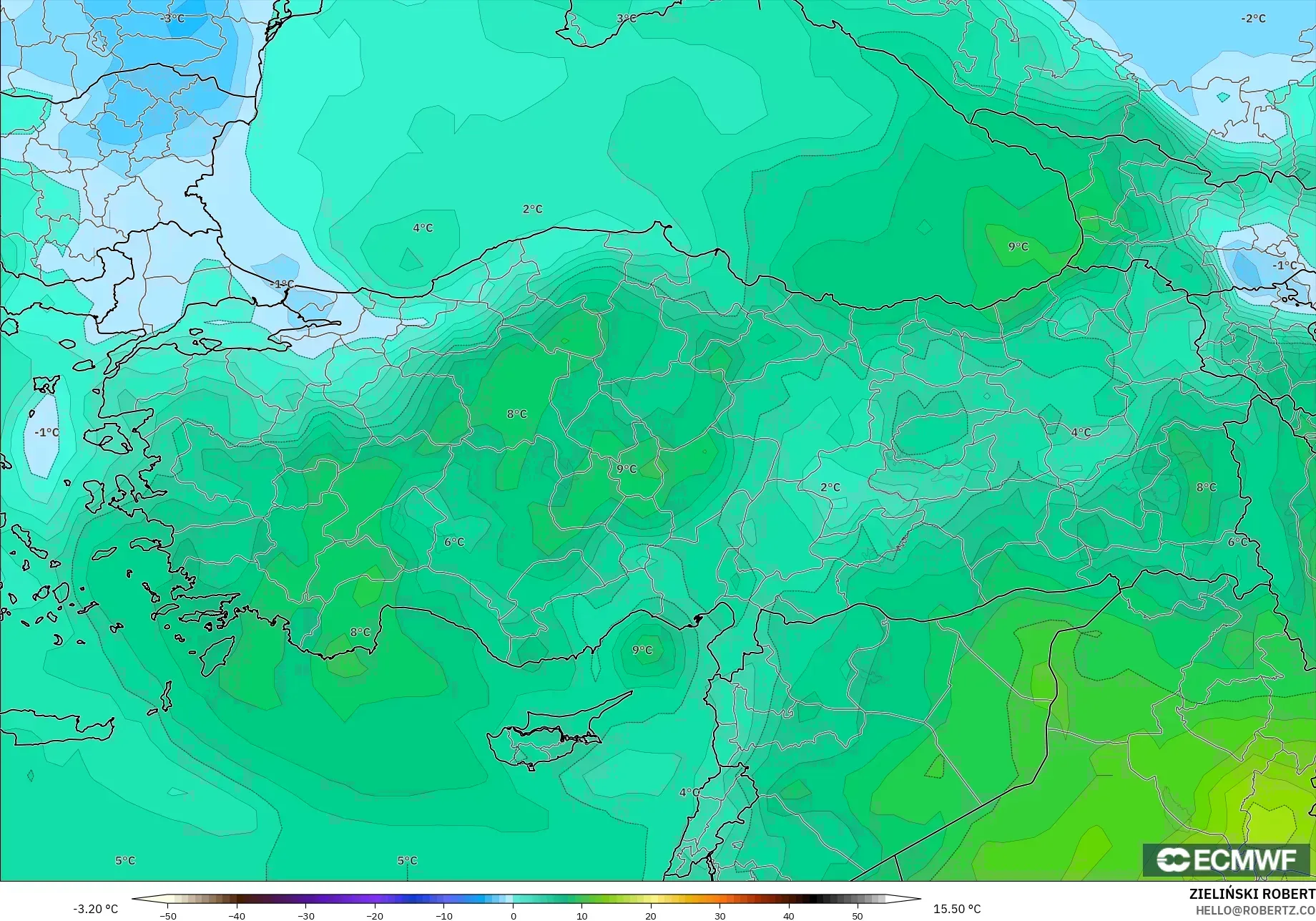 ECMWF IFS 0,25° modelo - Turquia, Temperatura a 850 hPa