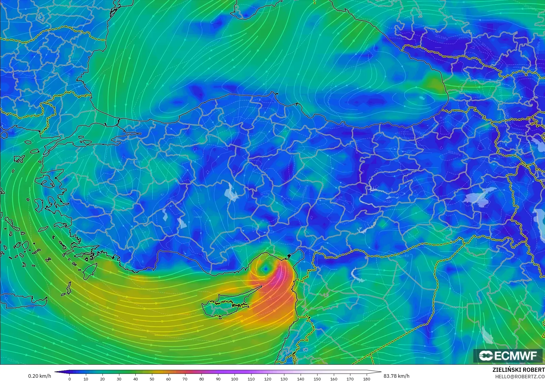 ECMWF IFS 0,25° modelo - Turquia, Vento a 10 m