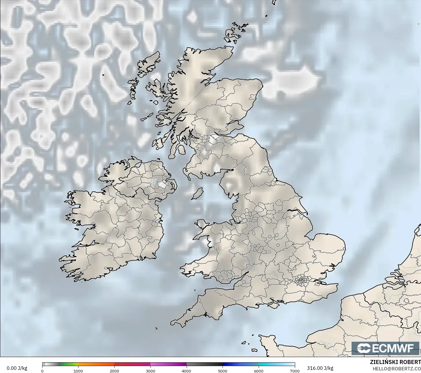 ECMWF IFS 0,25° modelo - Reino Unido, CAPE