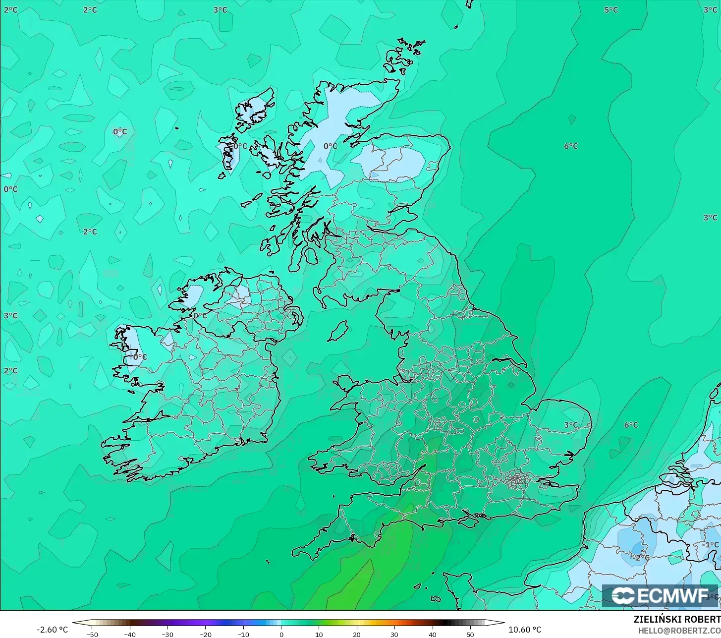 ECMWF IFS 0,25° modelo - Reino Unido, Ponto de orvalho a 2 m