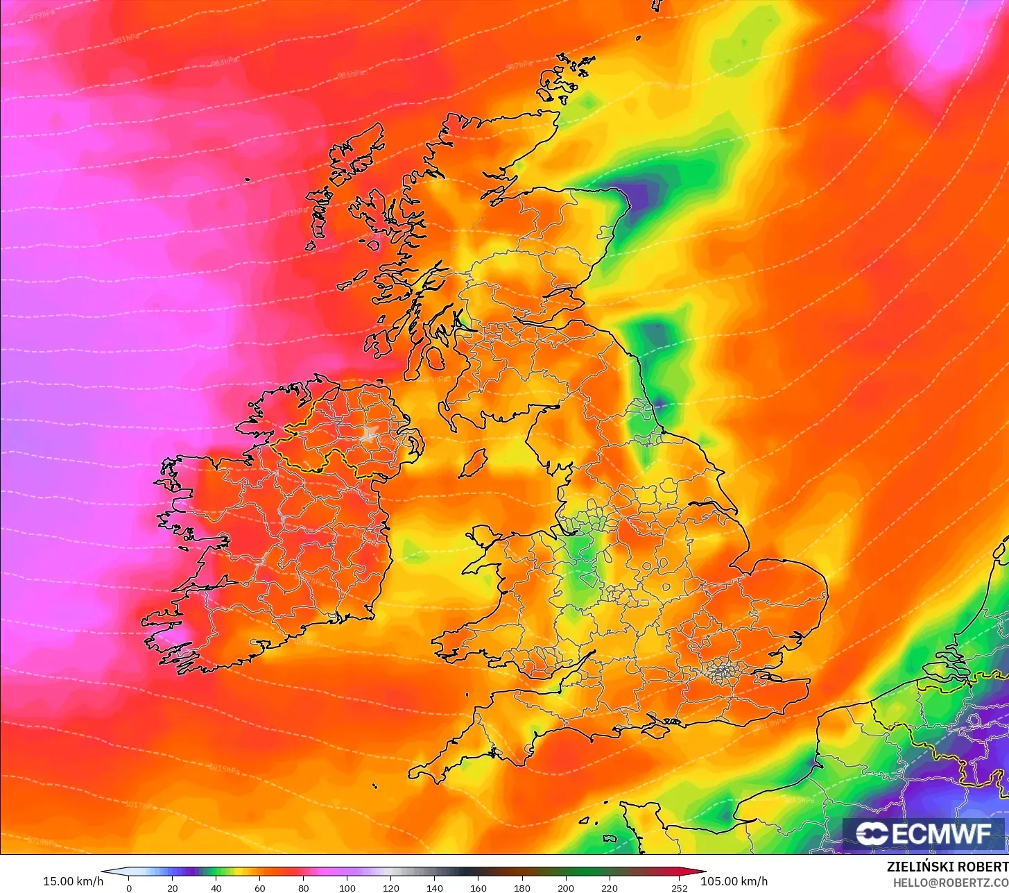 ECMWF IFS 0,25° modelo - Reino Unido, Rajadas de Vento Máximas