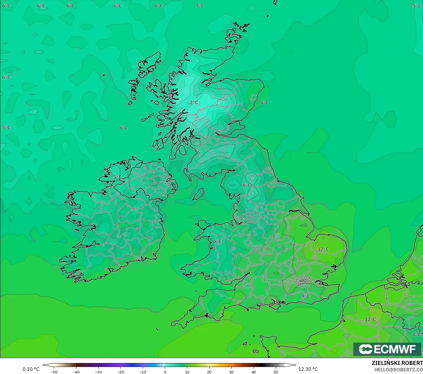 ECMWF IFS 0,25° modelo - Reino Unido, Temperatura a 2 m