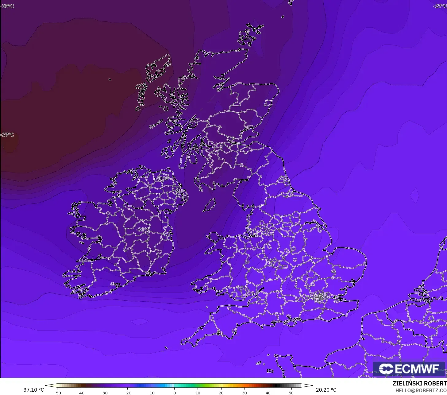 ECMWF IFS 0,25° modelo - Reino Unido, Temperatura a 500 hPa