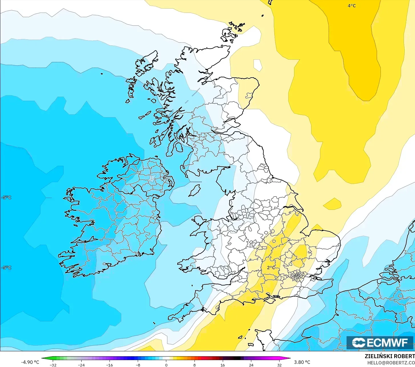 ECMWF IFS 0,25° modelo - Reino Unido, Anomalia de temperatura a 850 hPa