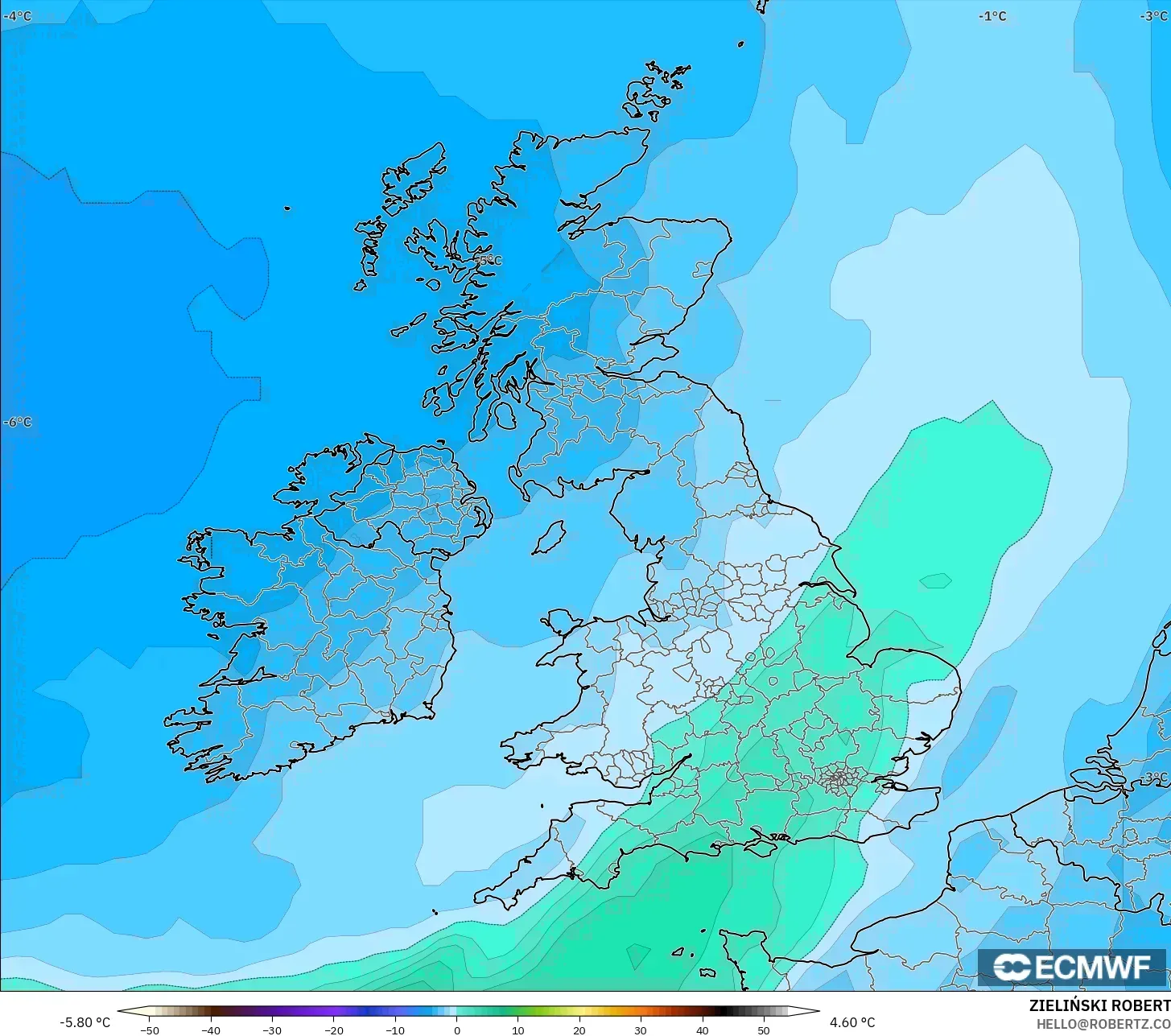 ECMWF IFS 0,25° modelo - Reino Unido, Temperatura a 850 hPa