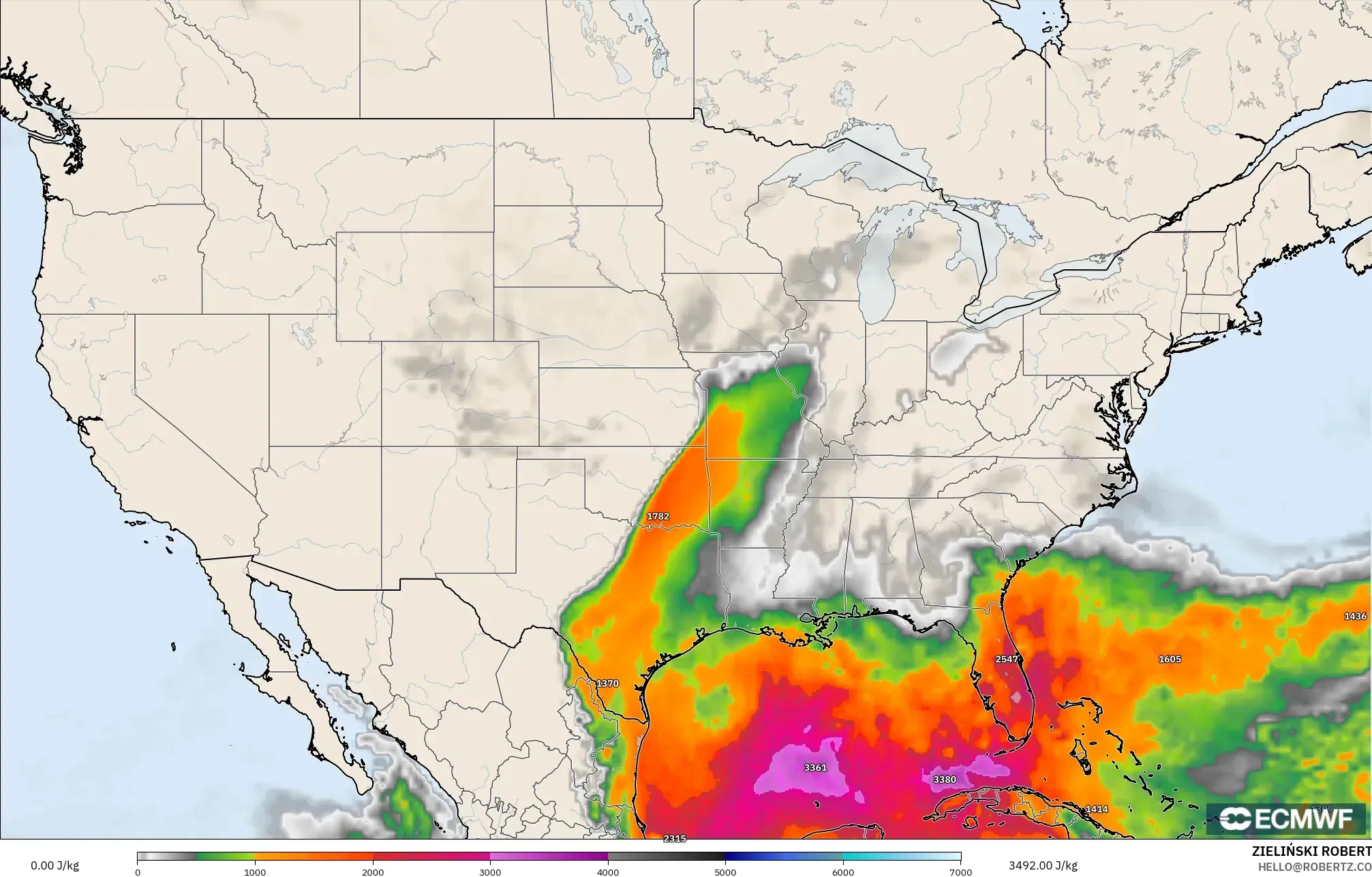 ECMWF IFS 0,25° modelo - Estados Unidos, CAPE