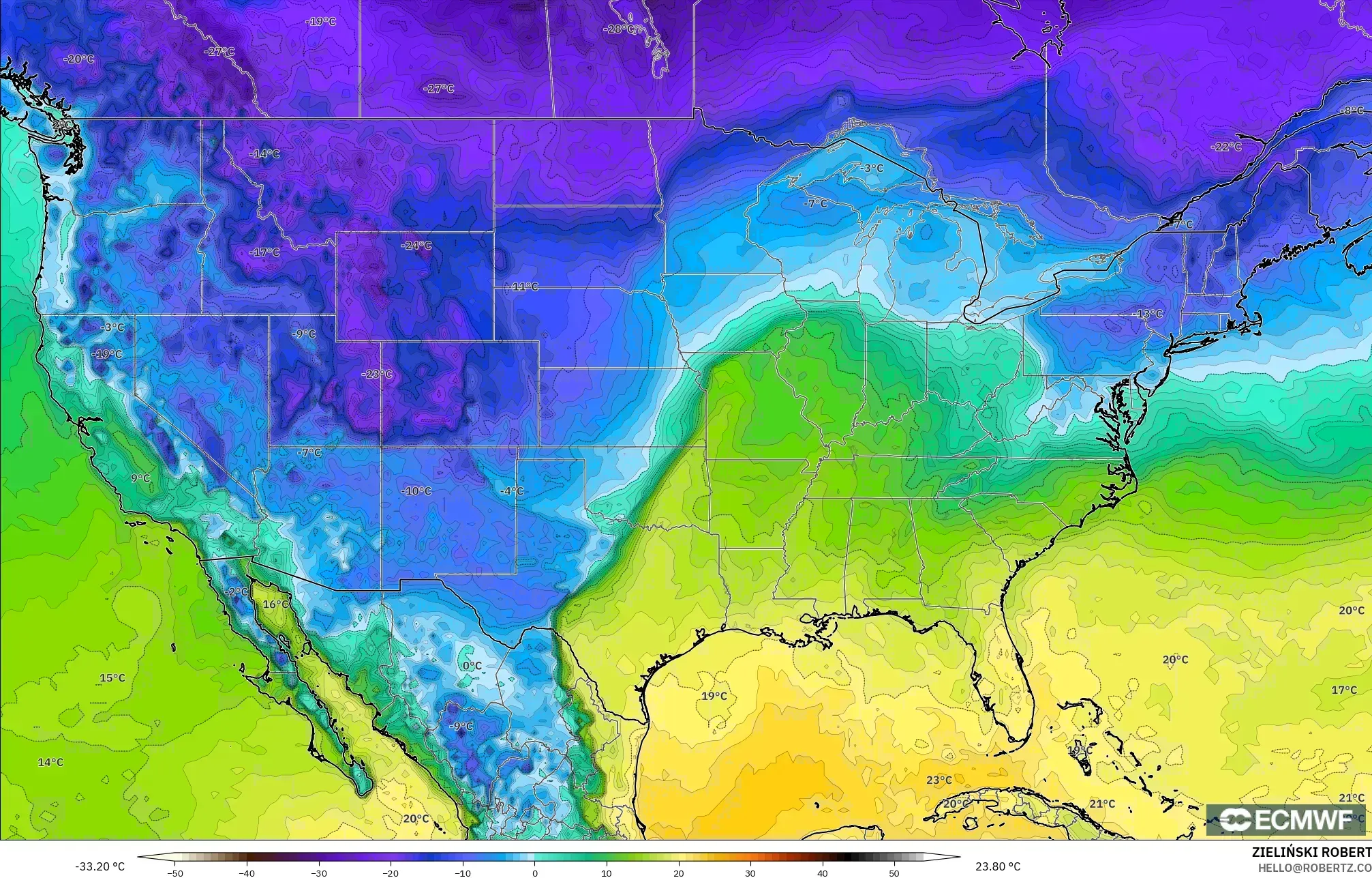 ECMWF IFS 0,25° modelo - Estados Unidos, Ponto de orvalho a 2 m
