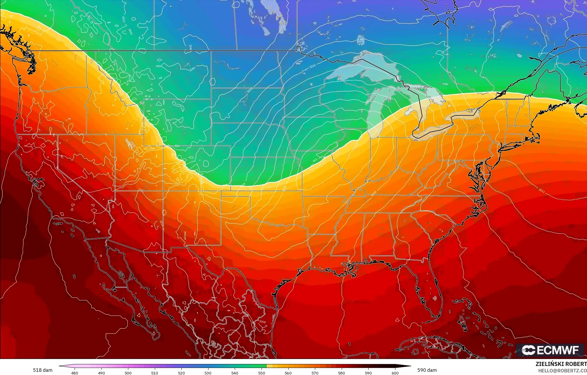 ECMWF IFS 0,25° modelo - Estados Unidos, Altura geopotencial a 500 hPa