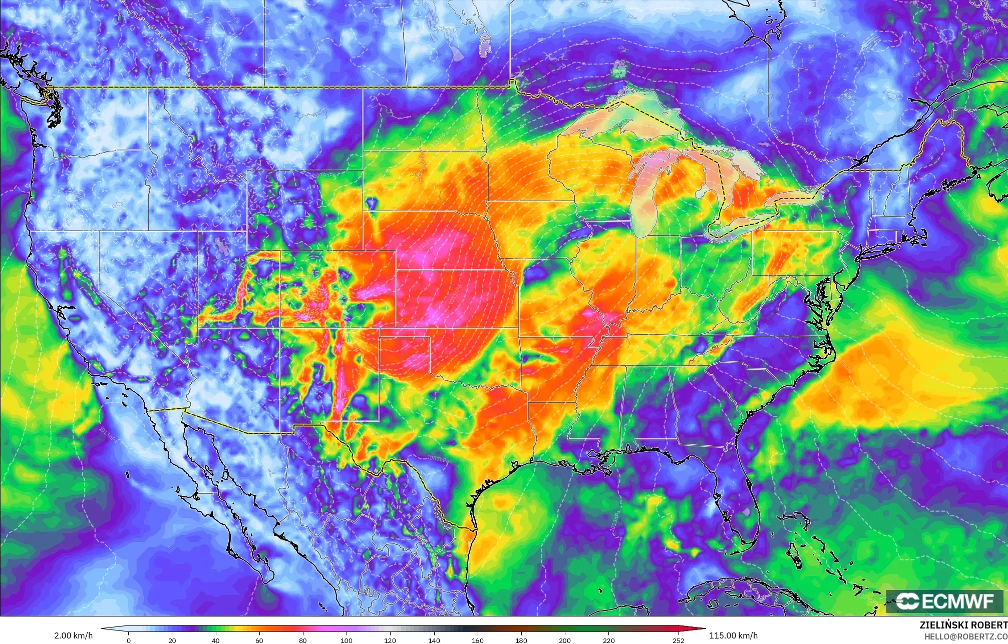 ECMWF IFS 0,25° modelo - Estados Unidos, Rajadas de vento