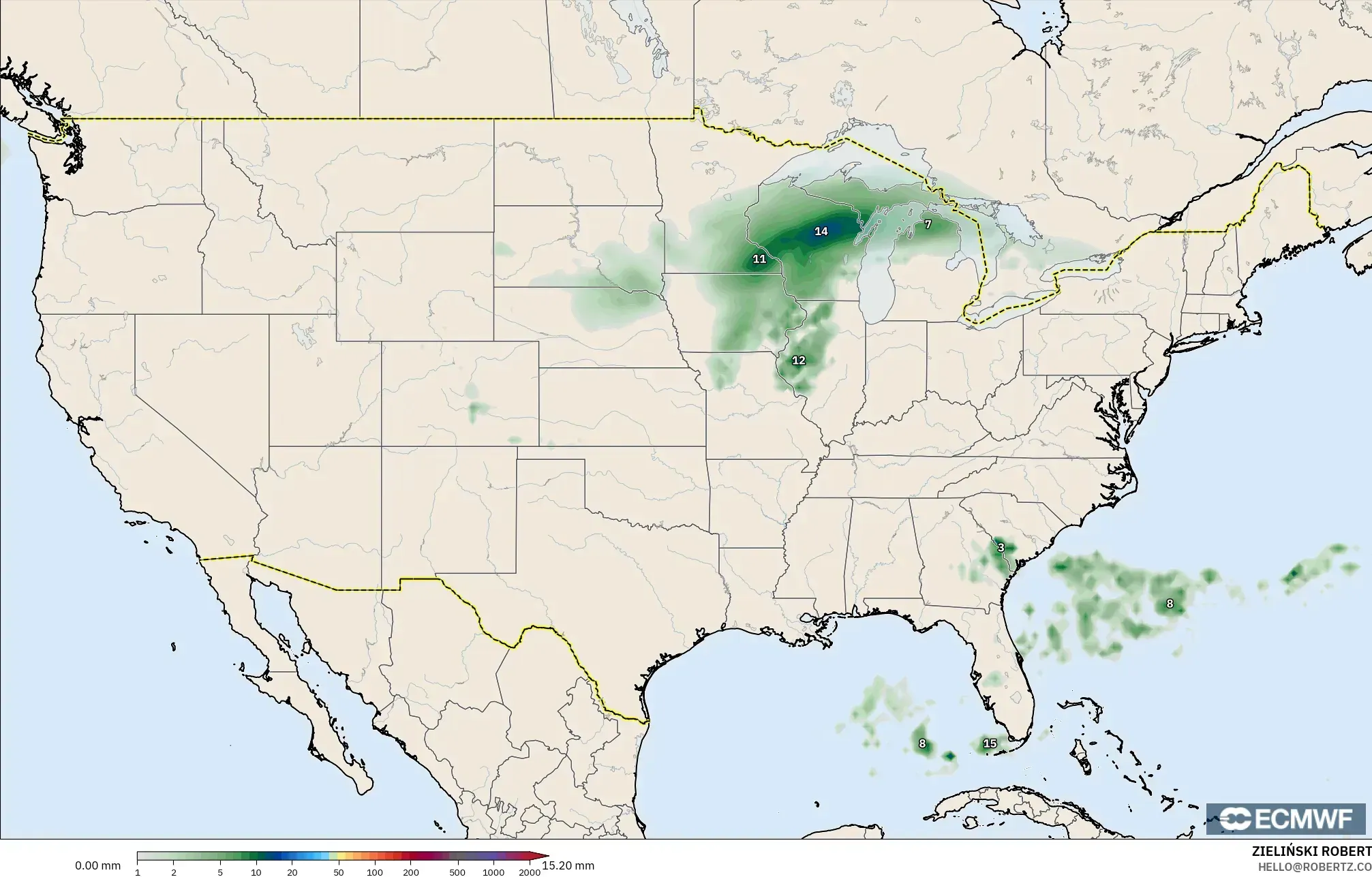 ECMWF IFS 0,25° modelo - Estados Unidos, Acúmulo de precipitação