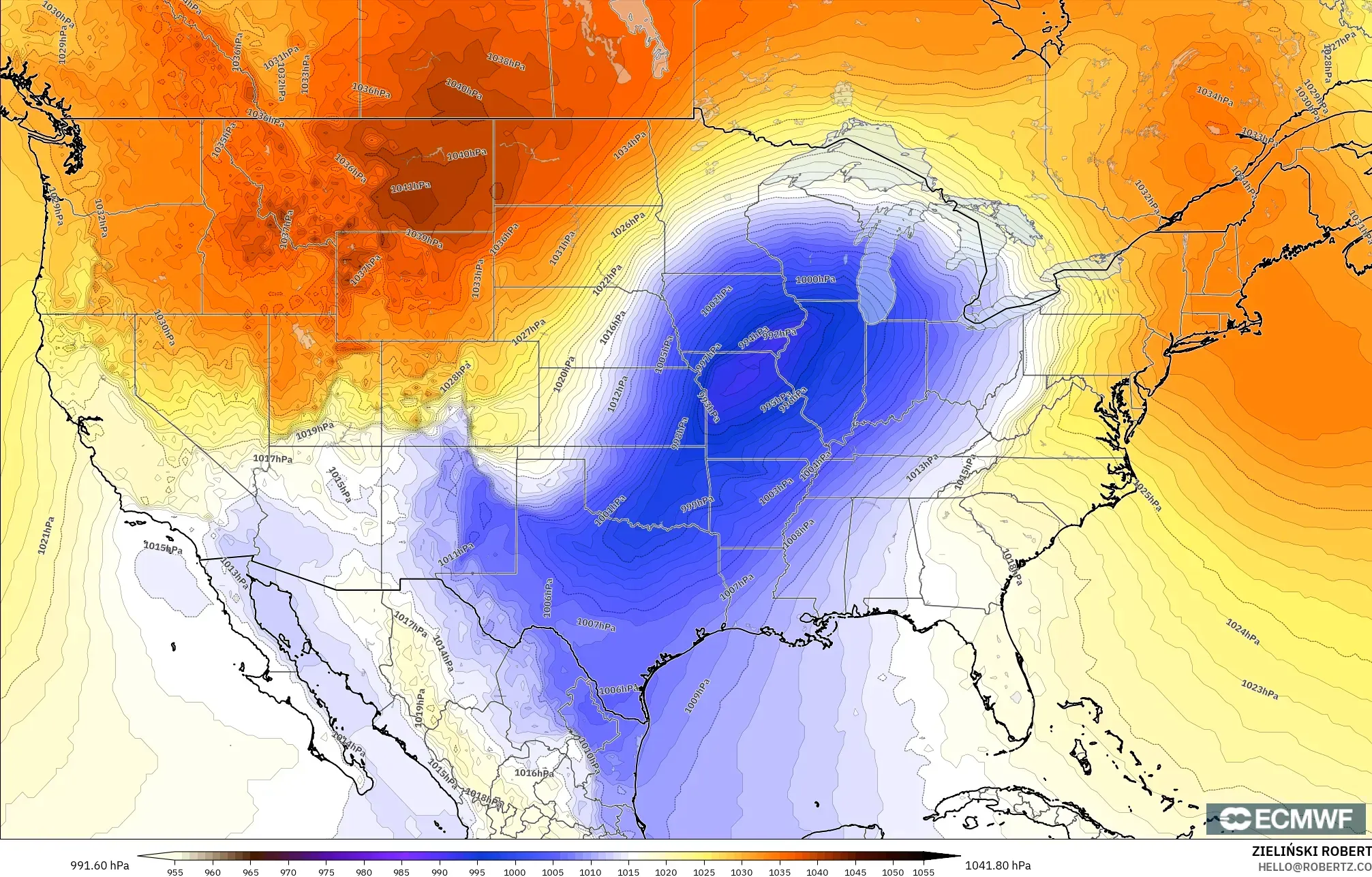 ECMWF IFS 0,25° modelo - Estados Unidos, Pressão