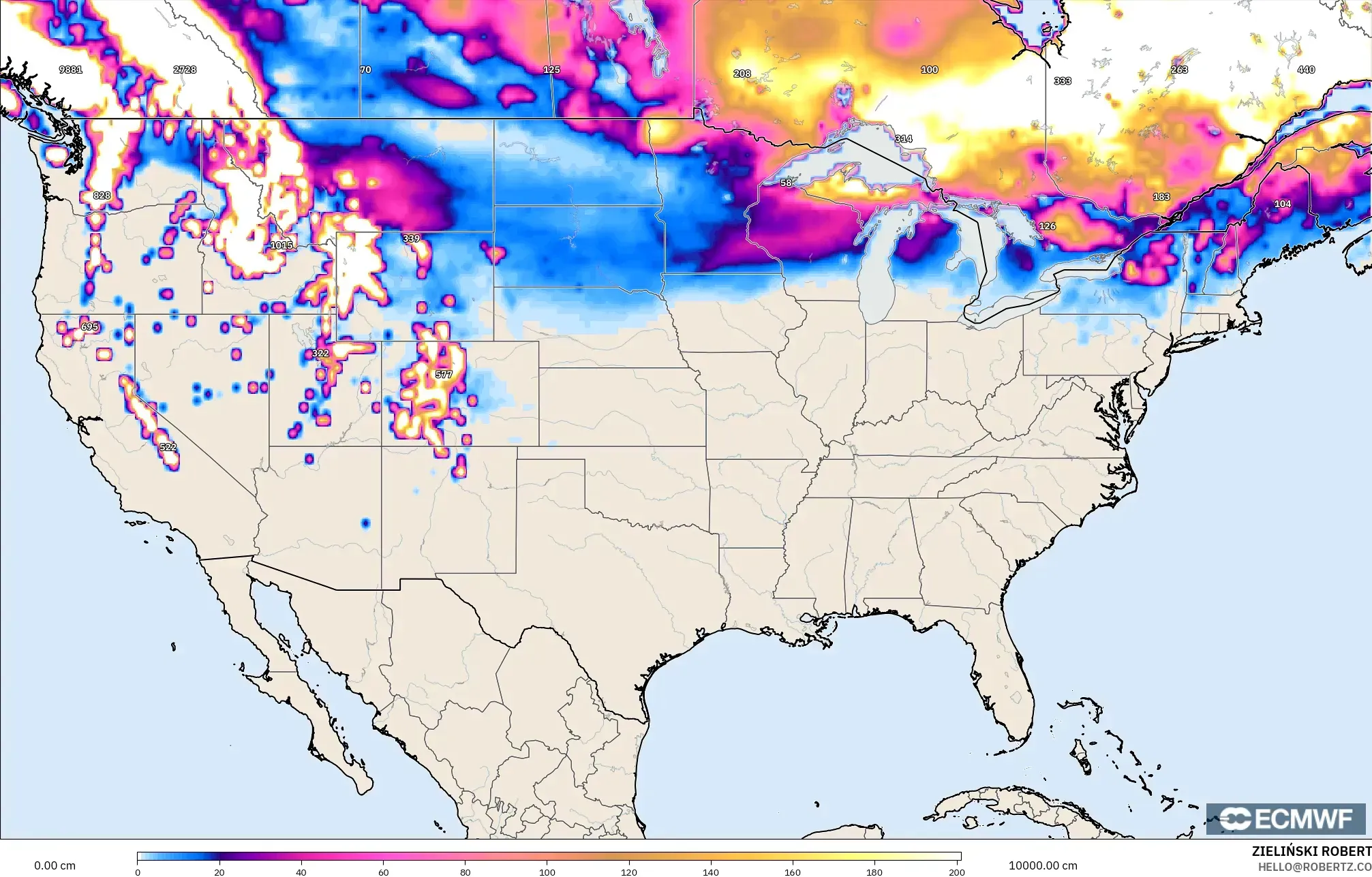 ECMWF IFS 0,25° modelo - Estados Unidos, Profundidade da neve