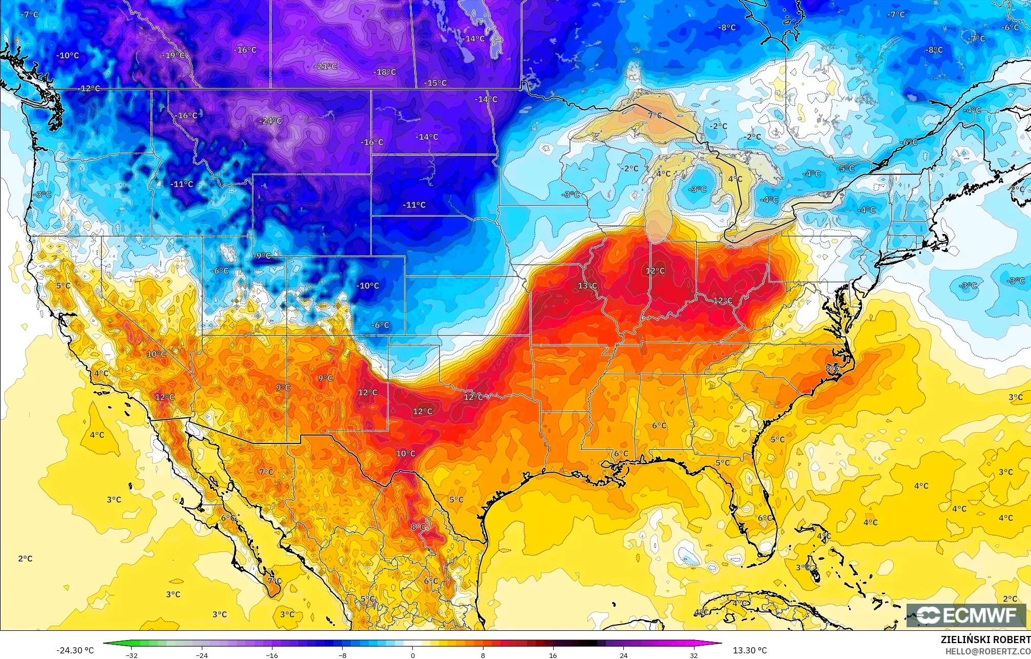 ECMWF IFS 0,25° modelo - Estados Unidos, Anomalia de temperatura a 2 m