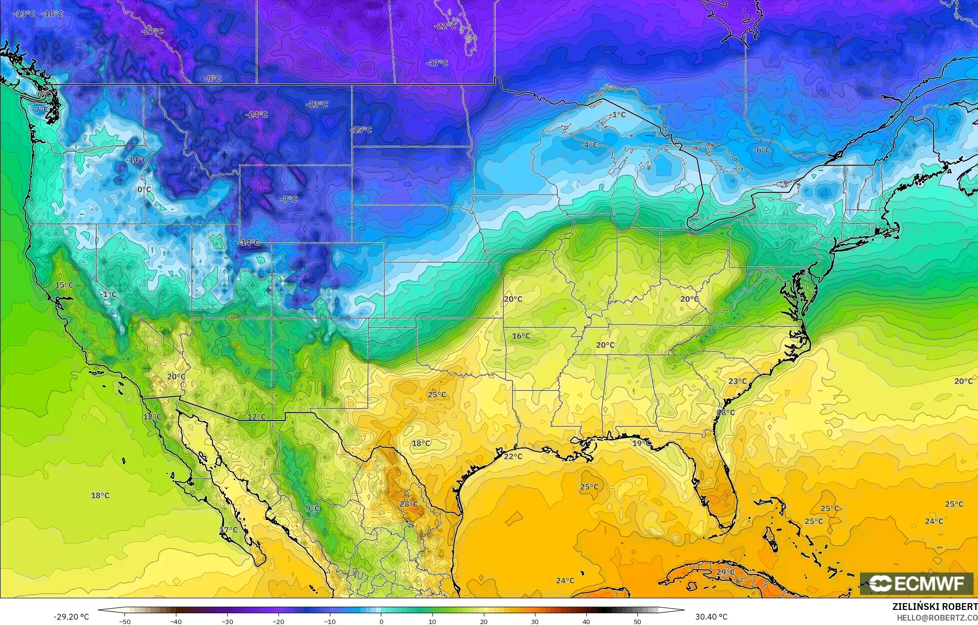 ECMWF IFS 0,25° modelo - Estados Unidos, Temperatura a 2 m