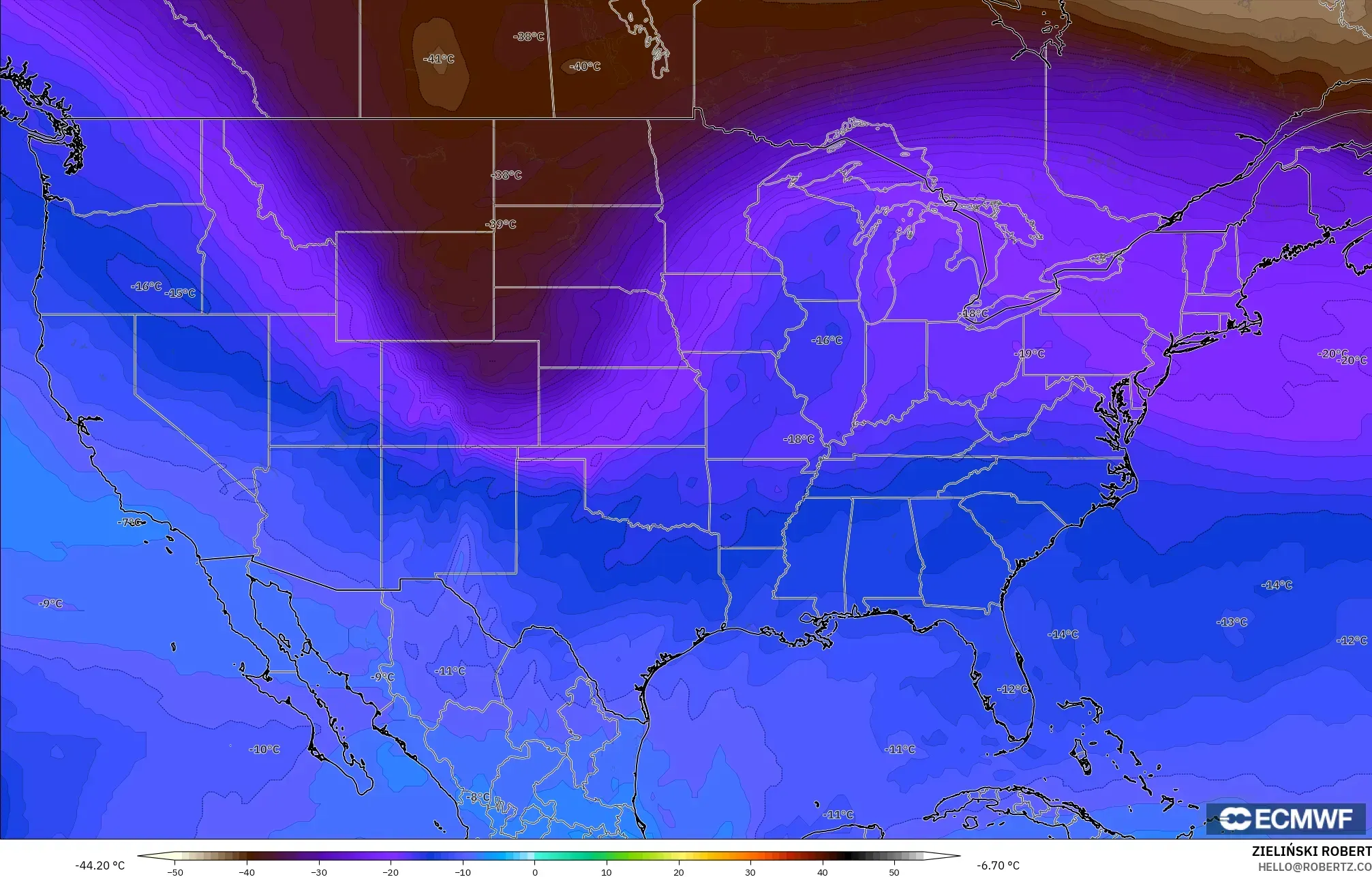 ECMWF IFS 0,25° modelo - Estados Unidos, Temperatura a 500 hPa