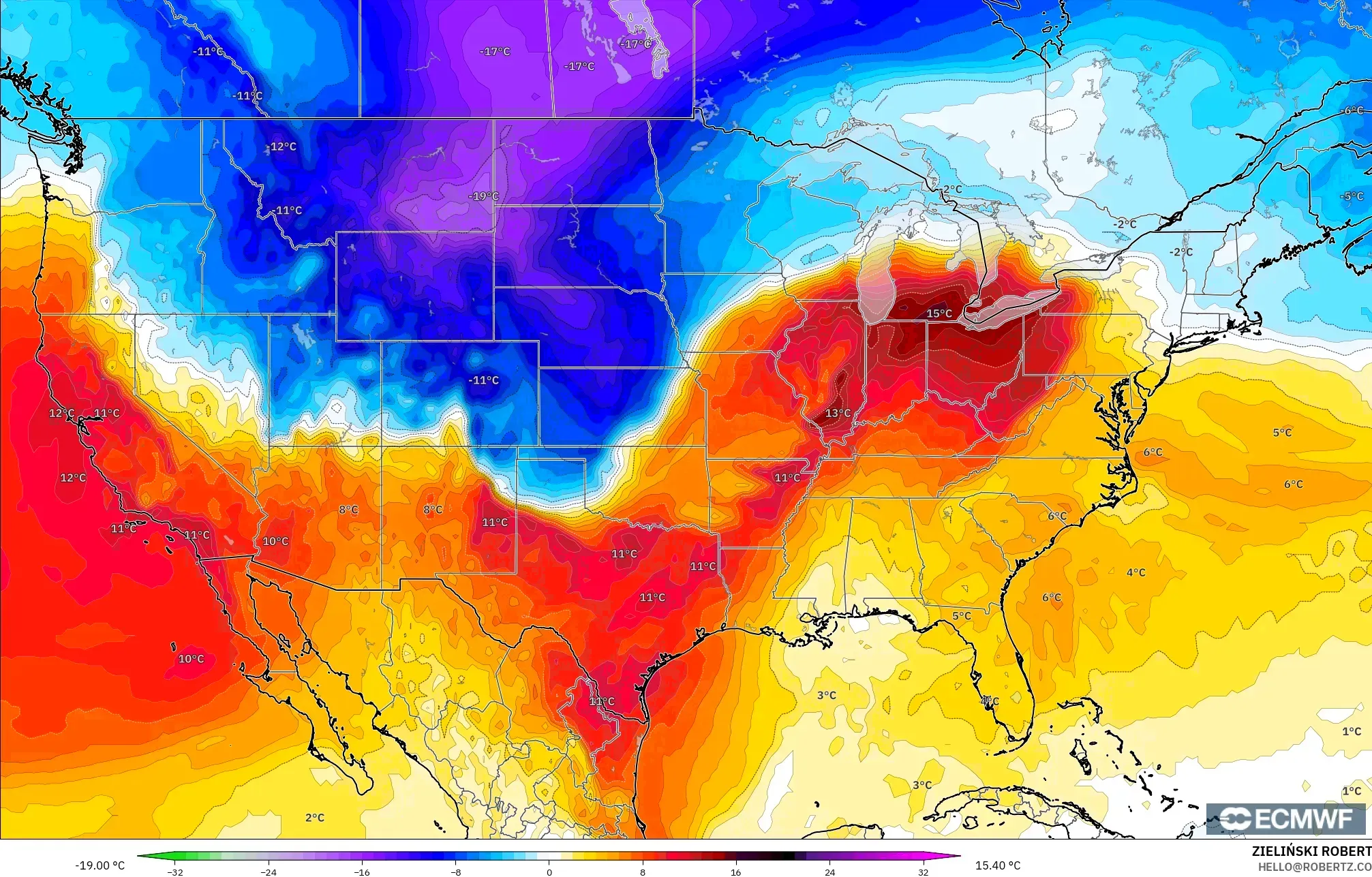 ECMWF IFS 0,25° modelo - Estados Unidos, Anomalia de temperatura a 850 hPa