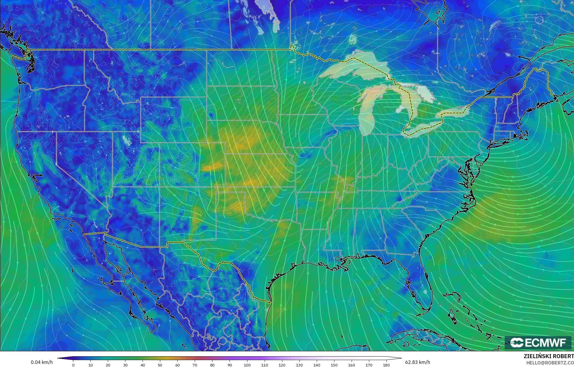 ECMWF IFS 0,25° modelo - Estados Unidos, Vento a 10 m