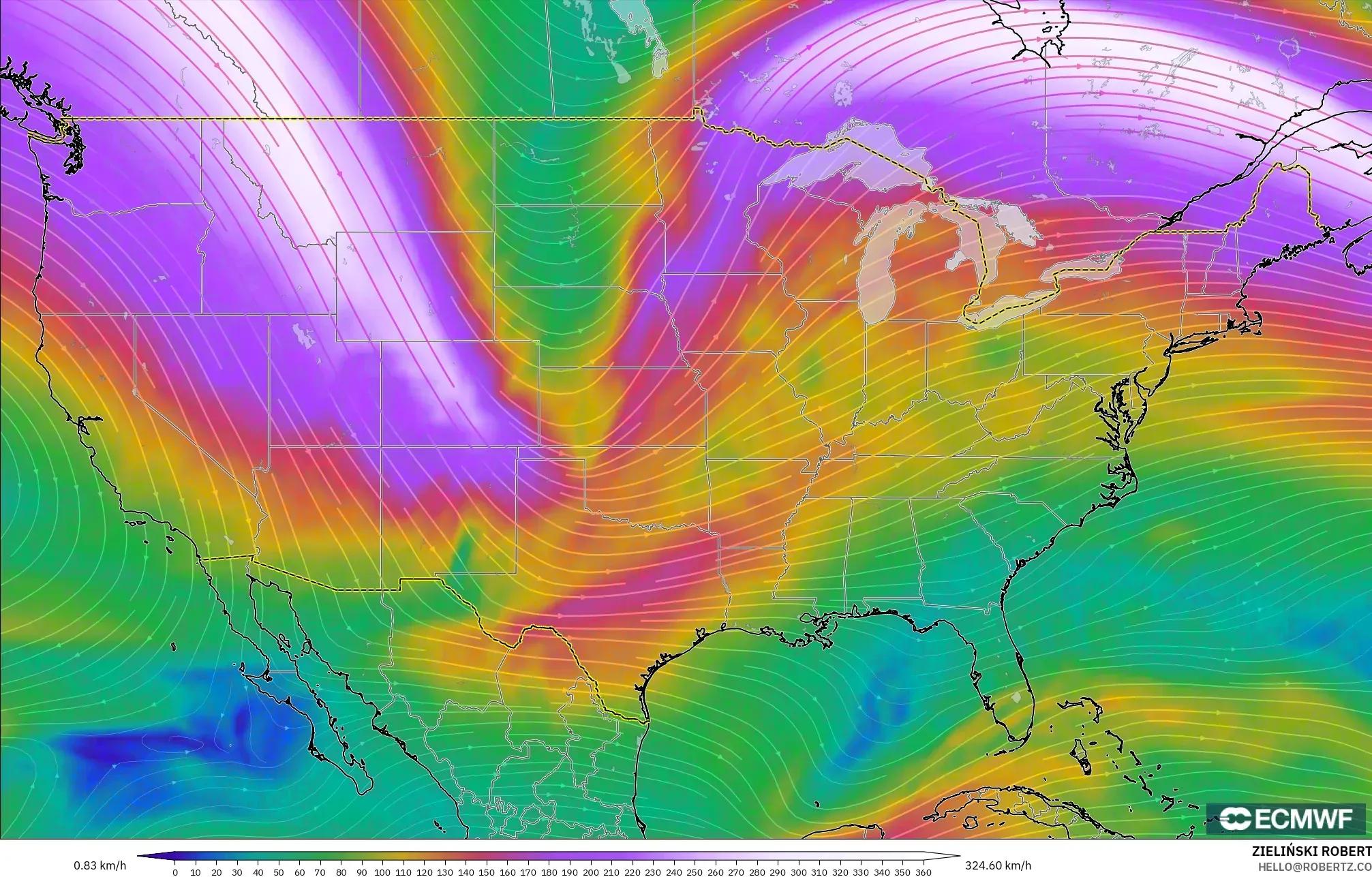 ECMWF IFS 0,25° modelo - Estados Unidos, Vento a 300 hPa (corrente em jato)
