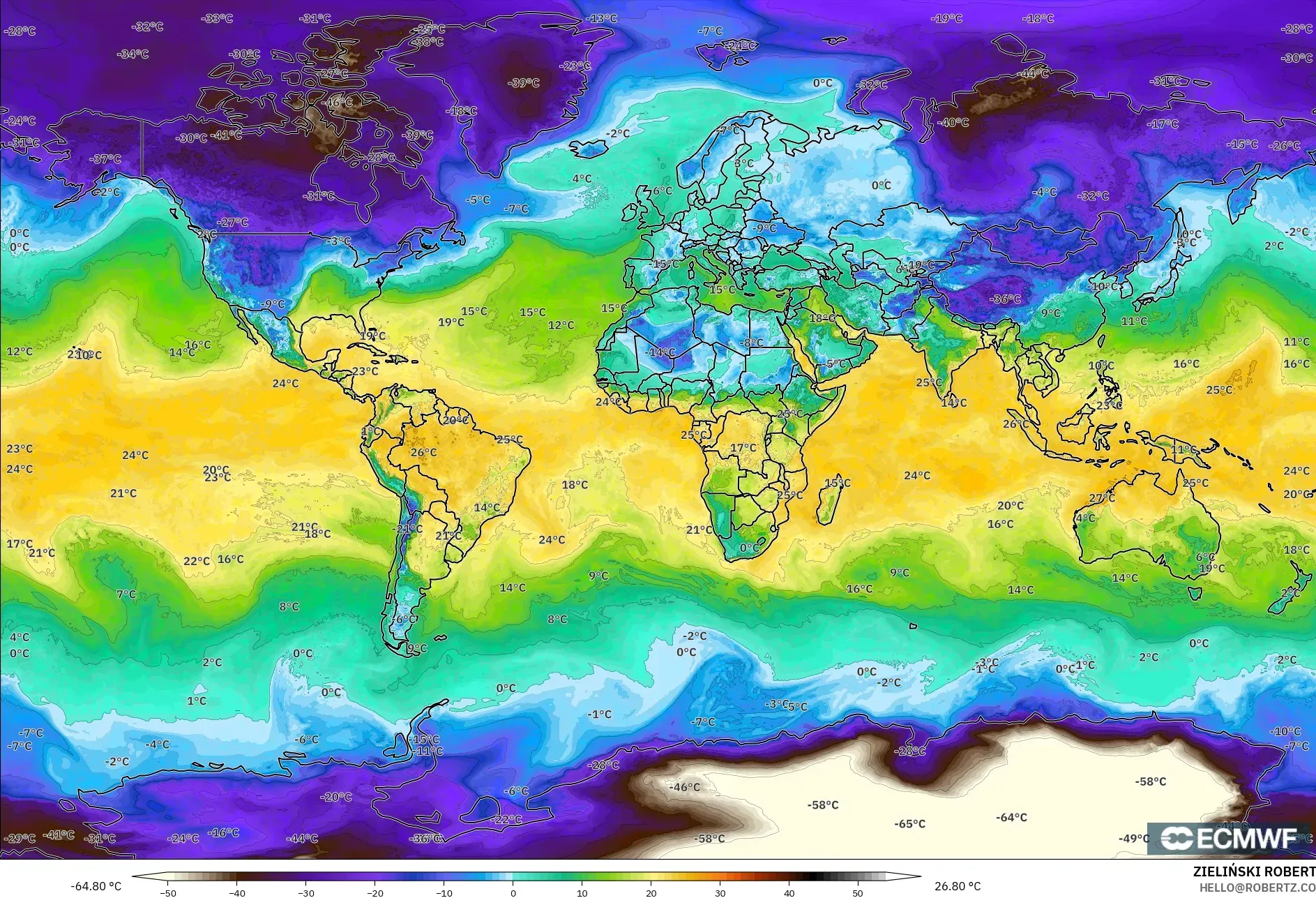 ECMWF IFS 0,25° modelo - Mundo, Ponto de orvalho a 2 m
