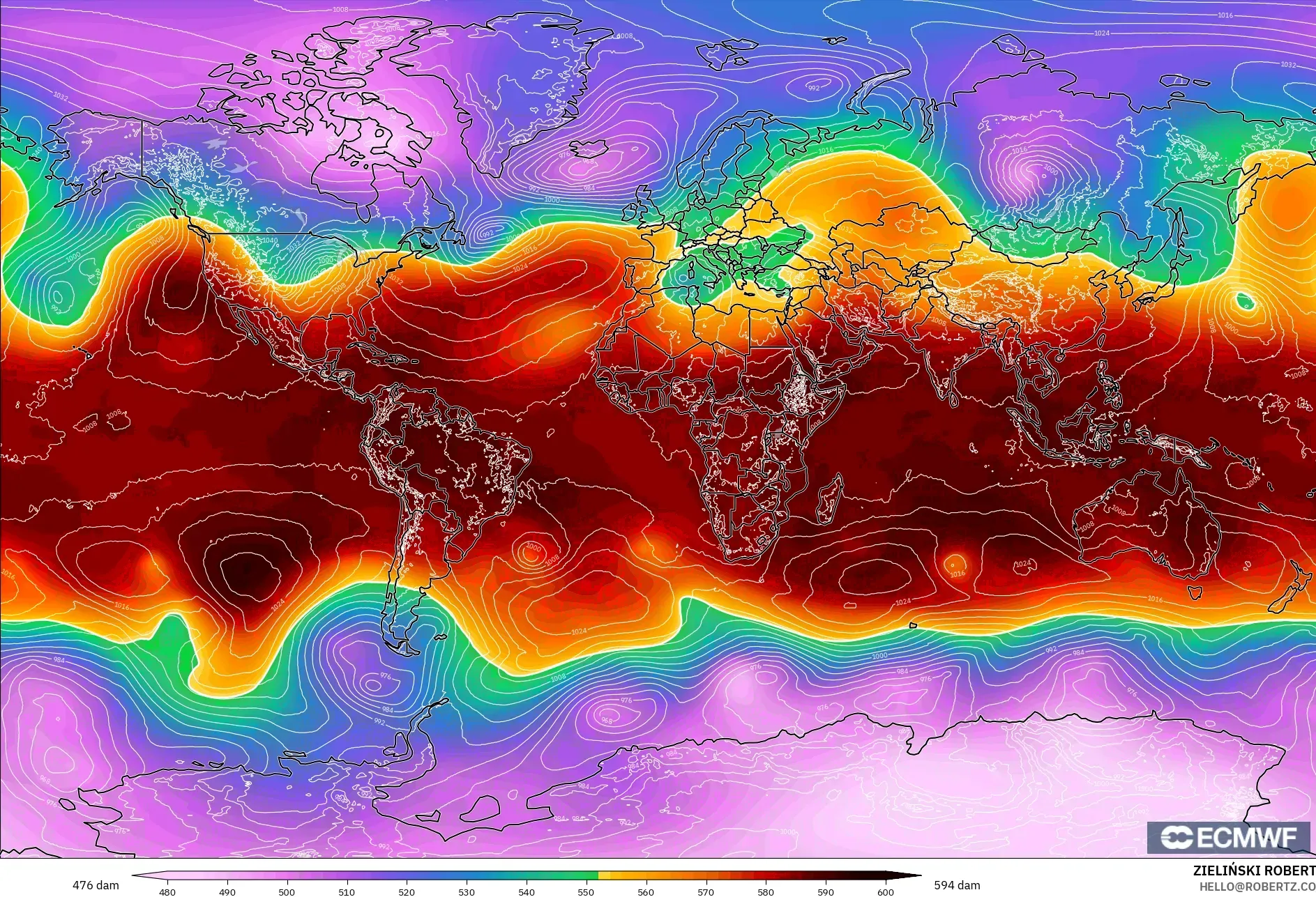 ECMWF IFS 0,25° modelo - Mundo, Altura geopotencial a 500 hPa