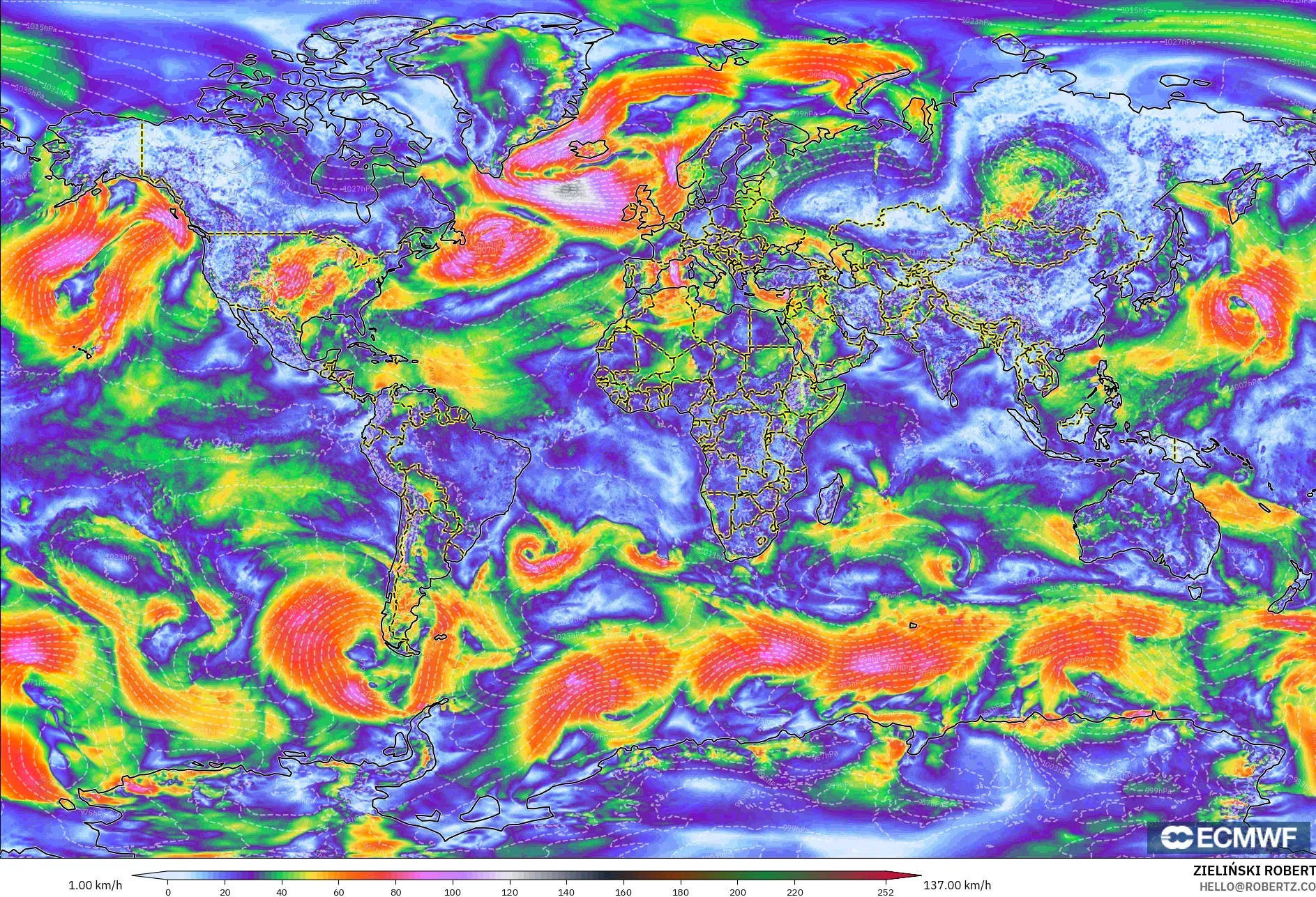 ECMWF IFS 0,25° modelo - Mundo, Rajadas de Vento Máximas