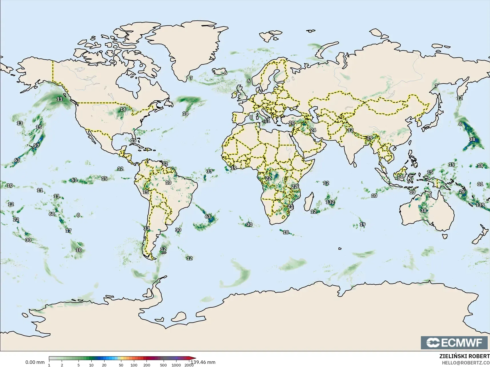 ECMWF IFS 0,25° modelo - Mundo, Acúmulo de precipitação