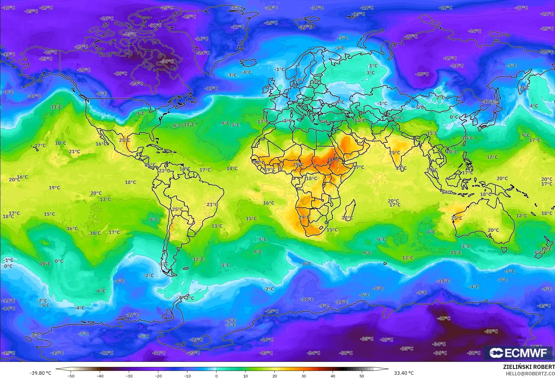 ECMWF IFS 0,25° modelo - Mundo, Temperatura a 850 hPa