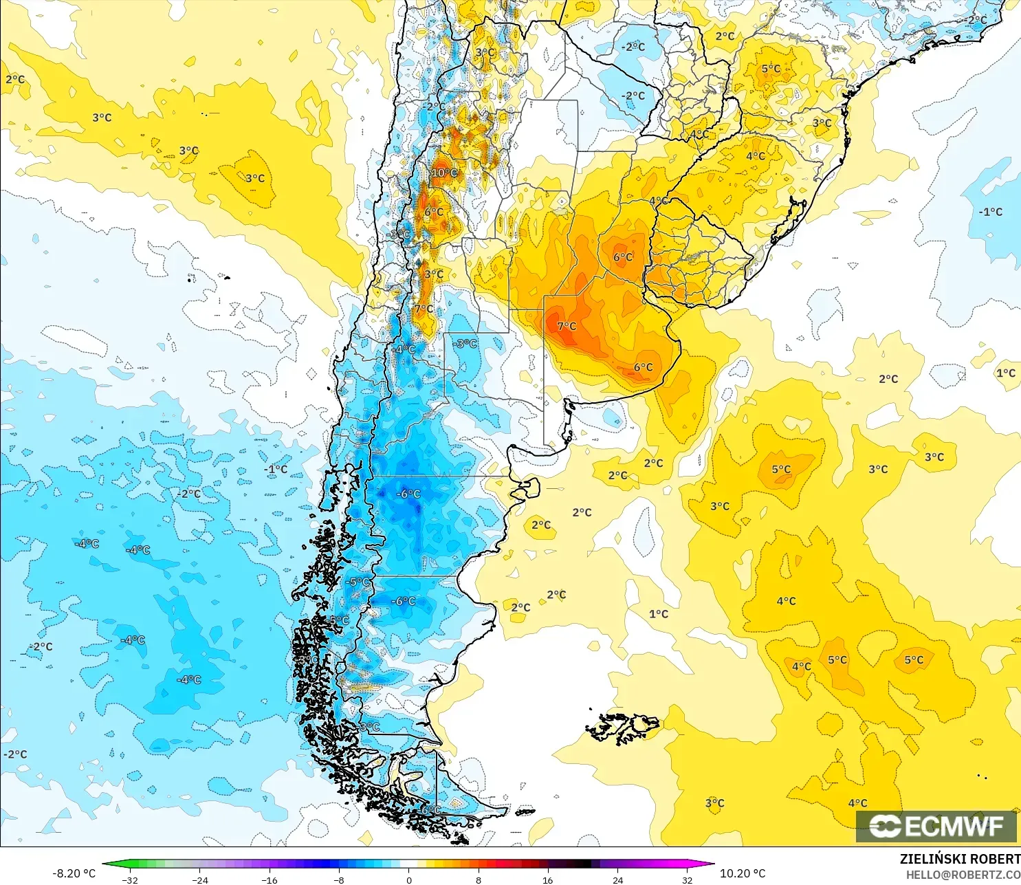 ECMWF IFS 0,25° modelo - Argentina, Anomalia de temperatura a 2 m