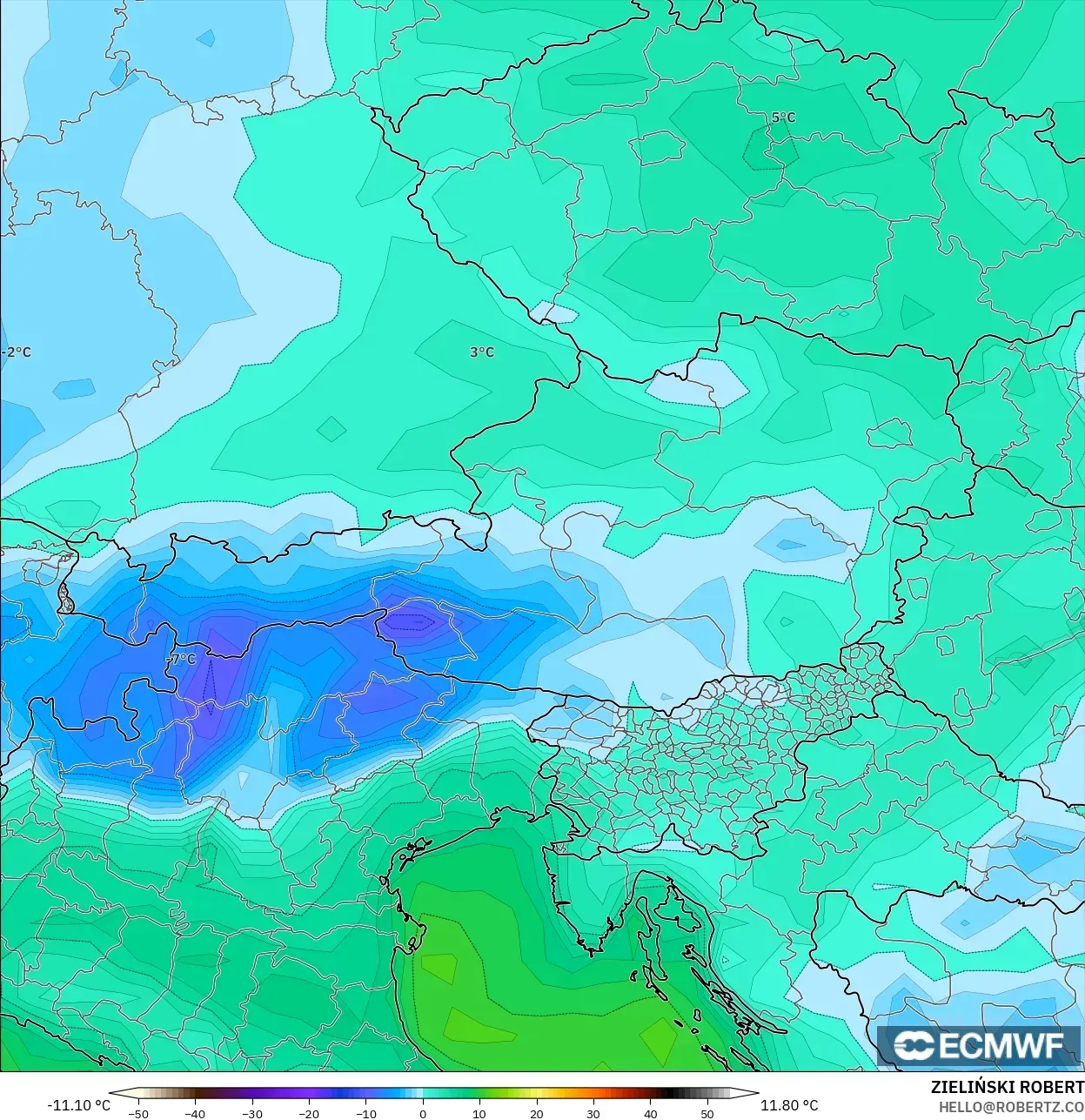 ECMWF IFS 0,25° modelo - Áustria, Ponto de orvalho a 2 m
