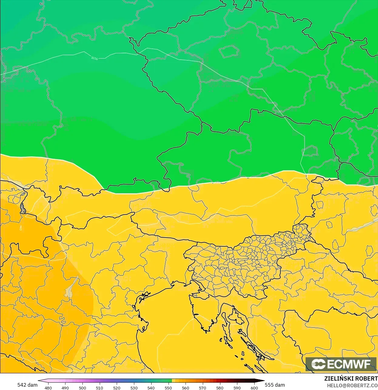 ECMWF IFS 0,25° modelo - Áustria, Altura geopotencial a 500 hPa