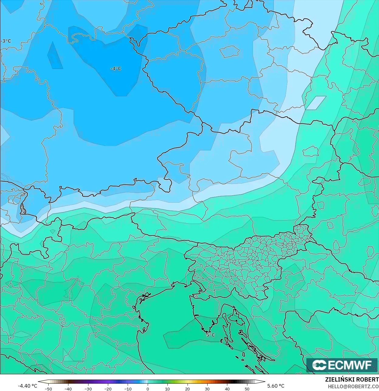 ECMWF IFS 0,25° modelo - Áustria, Temperatura a 850 hPa