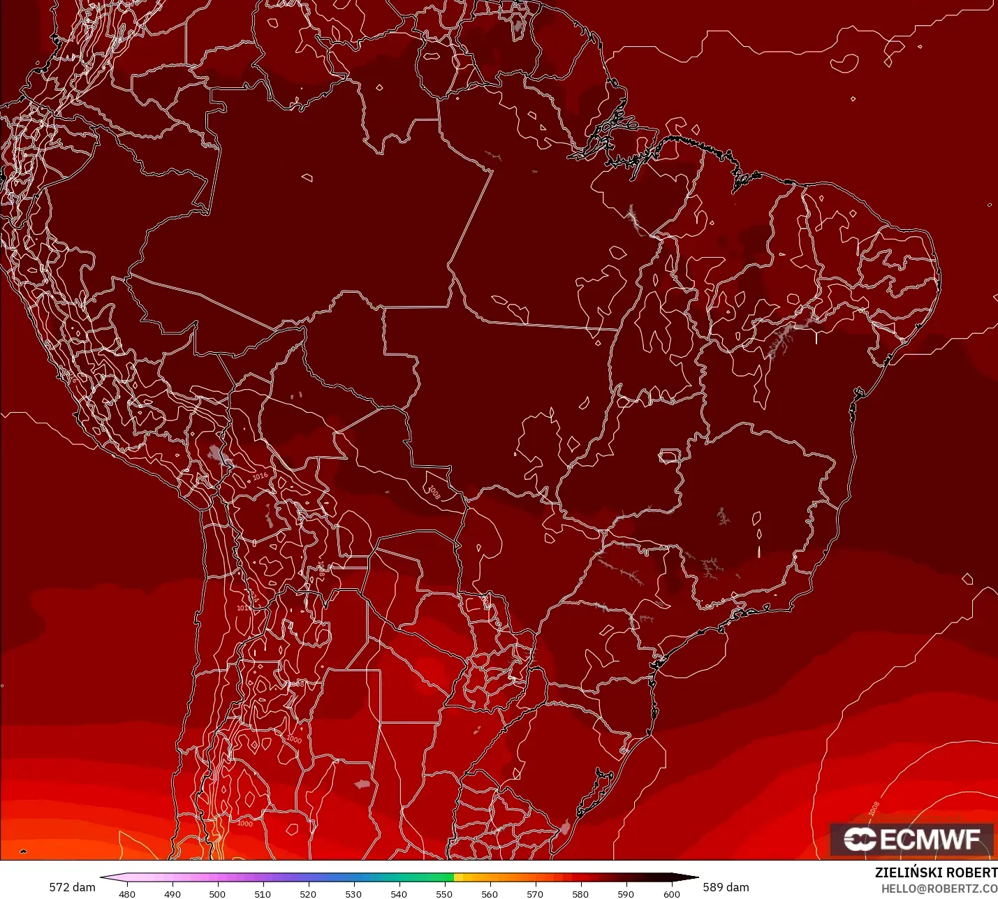 ECMWF IFS 0,25° modelo - Brasil, Altura geopotencial a 500 hPa