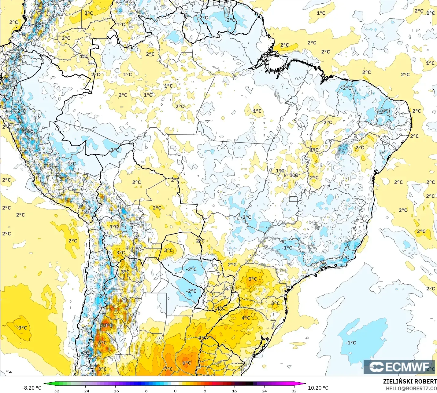 ECMWF IFS 0,25° modelo - Brasil, Anomalia de temperatura a 2 m